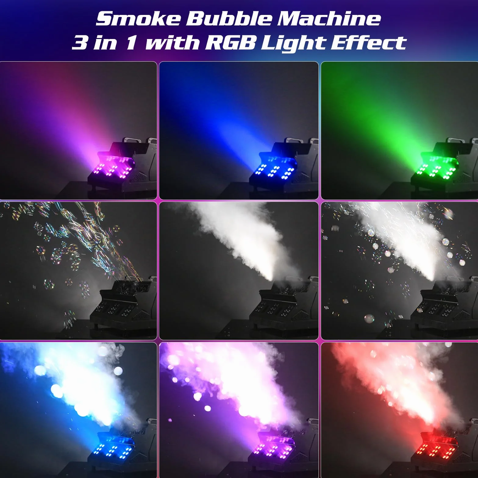 Nebelmaschine mit Blasen, Seifenblasenmaschine 1500W mit 18 RGB 3 in 1 Effekten, Fernbedienung mit DMX-Steuerung, geeignet für Party, DJ, Halloween, Weihnachten, Hochzeit