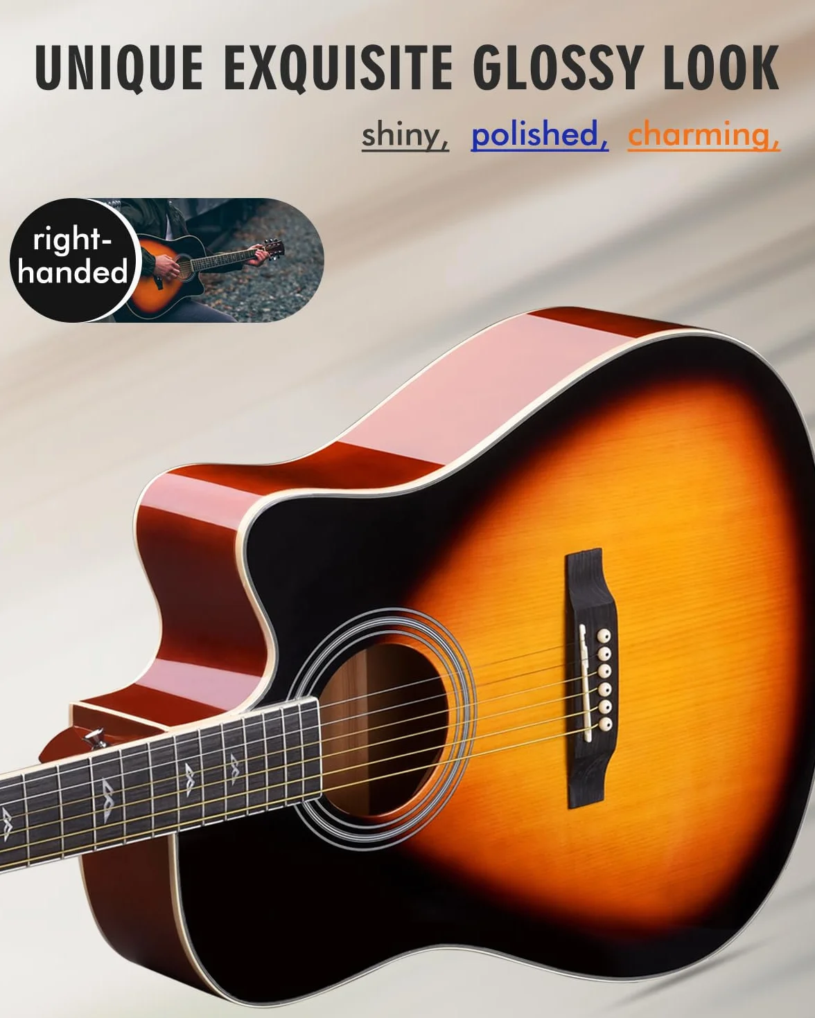 Winzz Elektro Akustik Gitarre Western 4/4 Anfänger Erwachsene Kinder (Rechtshänder Sunburst-Glänzend)