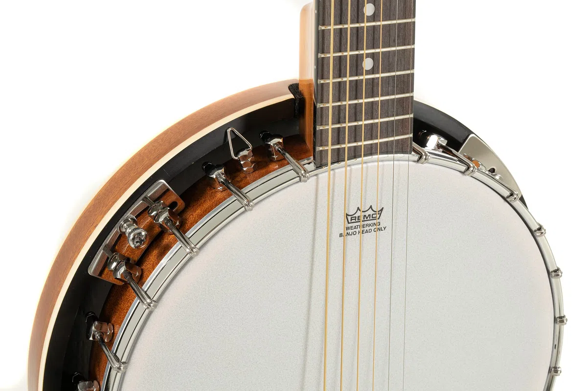 GEWA Gitarren-Banjo 6-saitig Serie Select - Mahagoni-Kessel Ø 33,5cm - Mahagoni-Resonator - inkl. Koffer - REMO Weatherking Fell - Naturfarben - Hochglanzlackiert