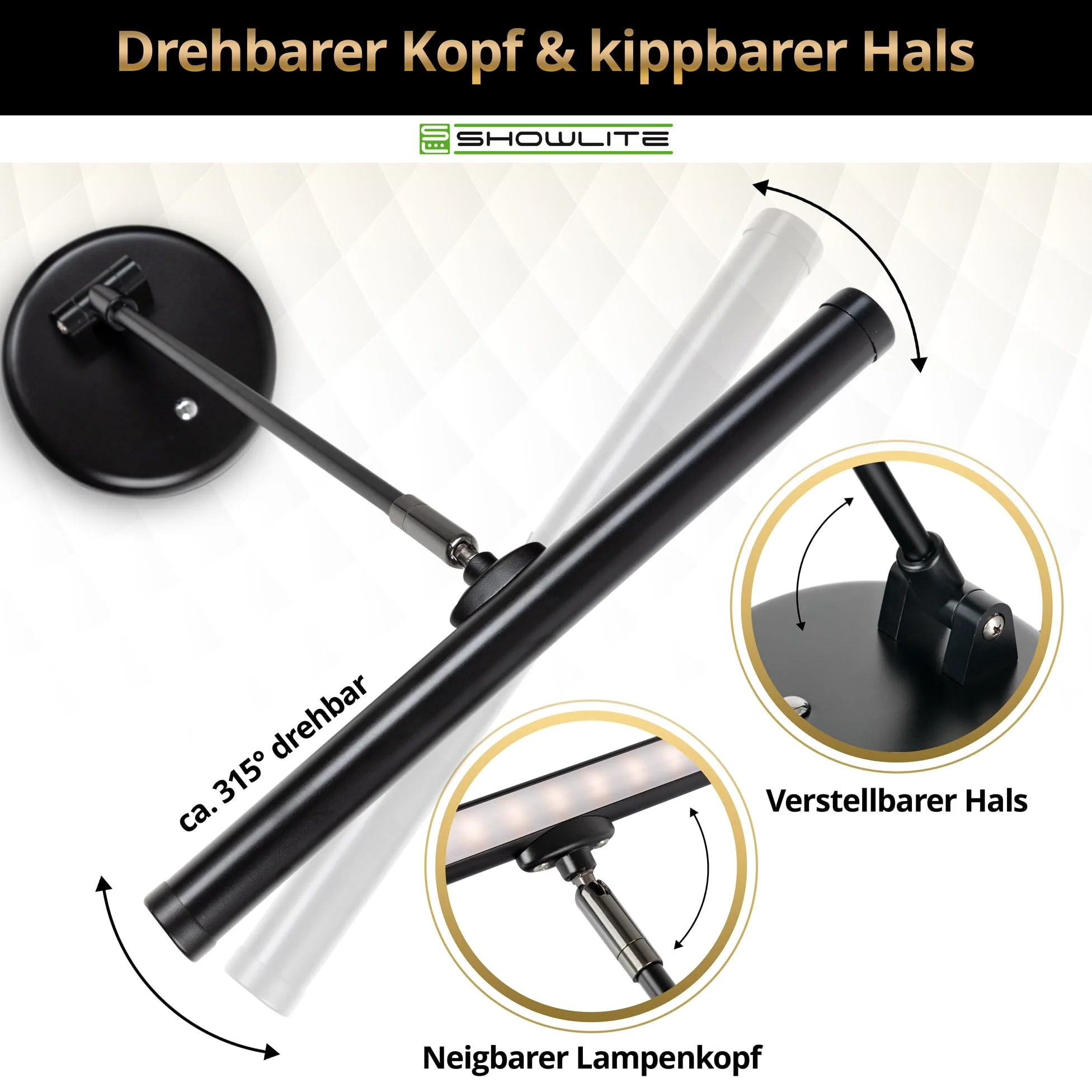 Showlite PL-1-BK-KW LED Klavierleuchte - Klavierlampe 15 LEDs warmweiß 2 Stufen 36 cm USB Netzstrom Batterie schwarz