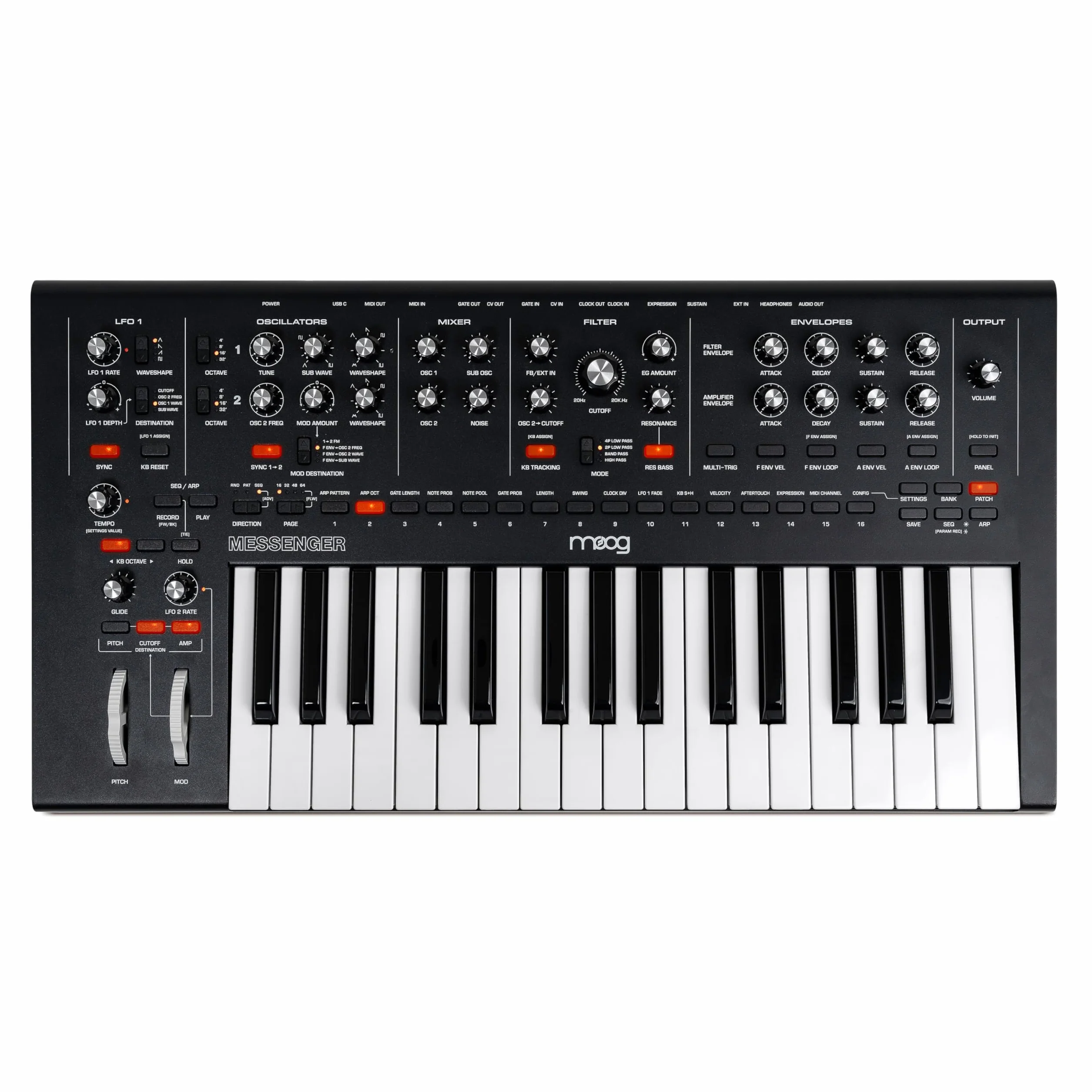 MOOG Messenger Analog Keyboard Synthesizer 32 Tasten 64-Step Sequencer 256 Presets RES BASS Kompensation