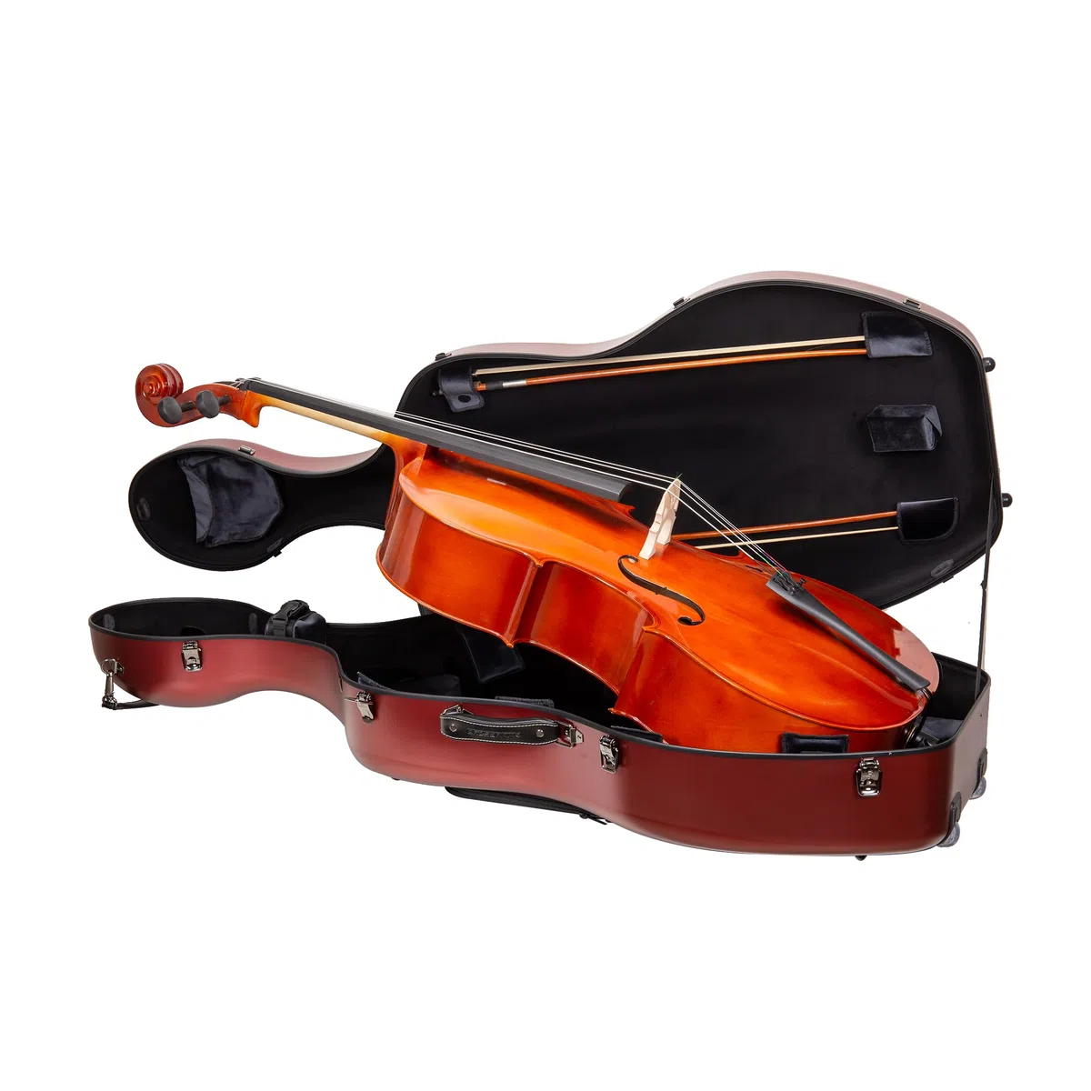 Crossrock Polycarbonat-Koffer mit Rollen für 4/4 Cello in voller Größe, inklusive Außentasche für Noten, 3 Griffen und abnehmbaren Gurten– Rot (CRF4050CEFRD)