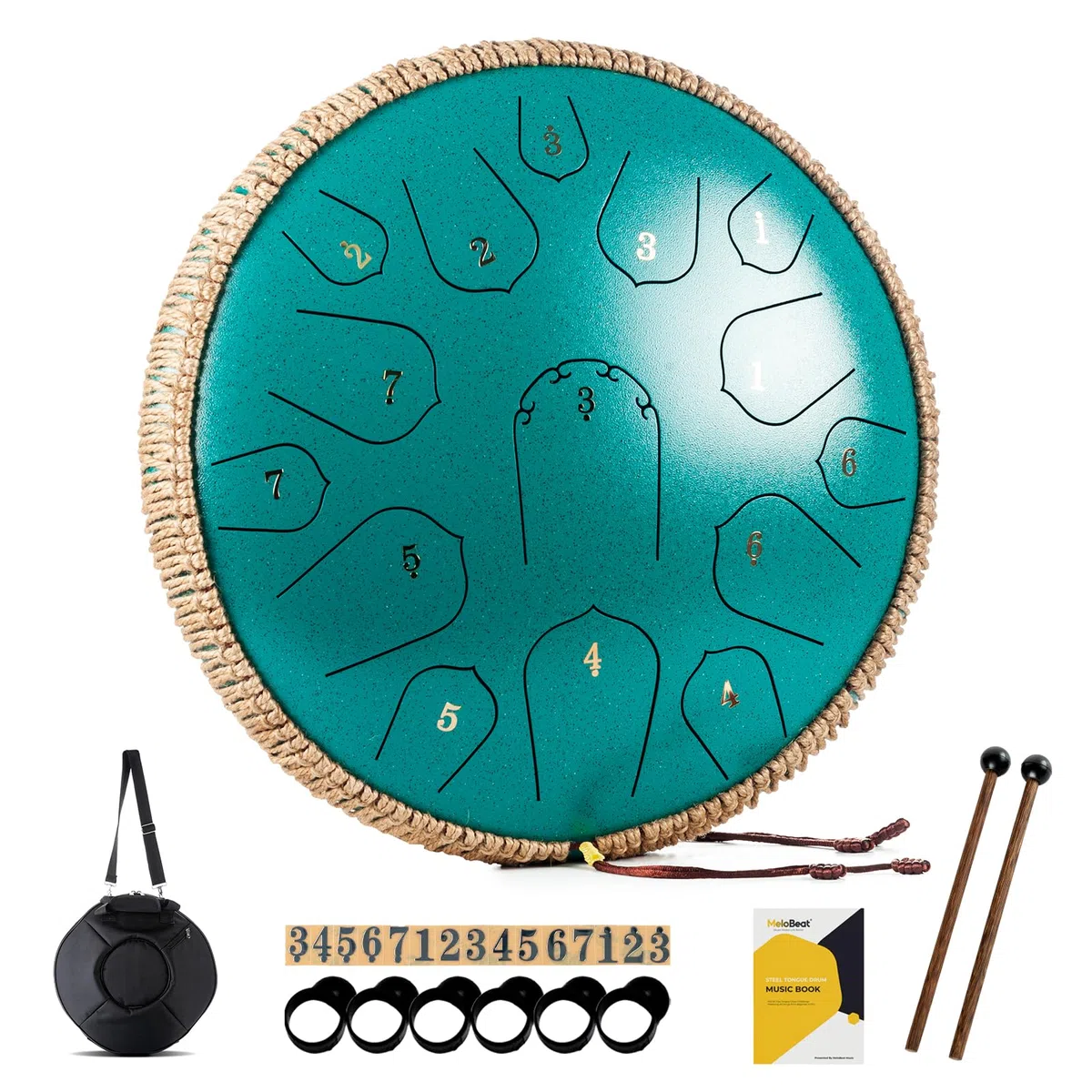 MeloBeat Zungentrommel 14 Zoll 15 Töne - Professionelles Steel Tongue Drum Handpan Set in D Dur inkl. Zungentrommel Liederbuch, Schlagzeug Sticks und Trommel Tragetasche (Grün)