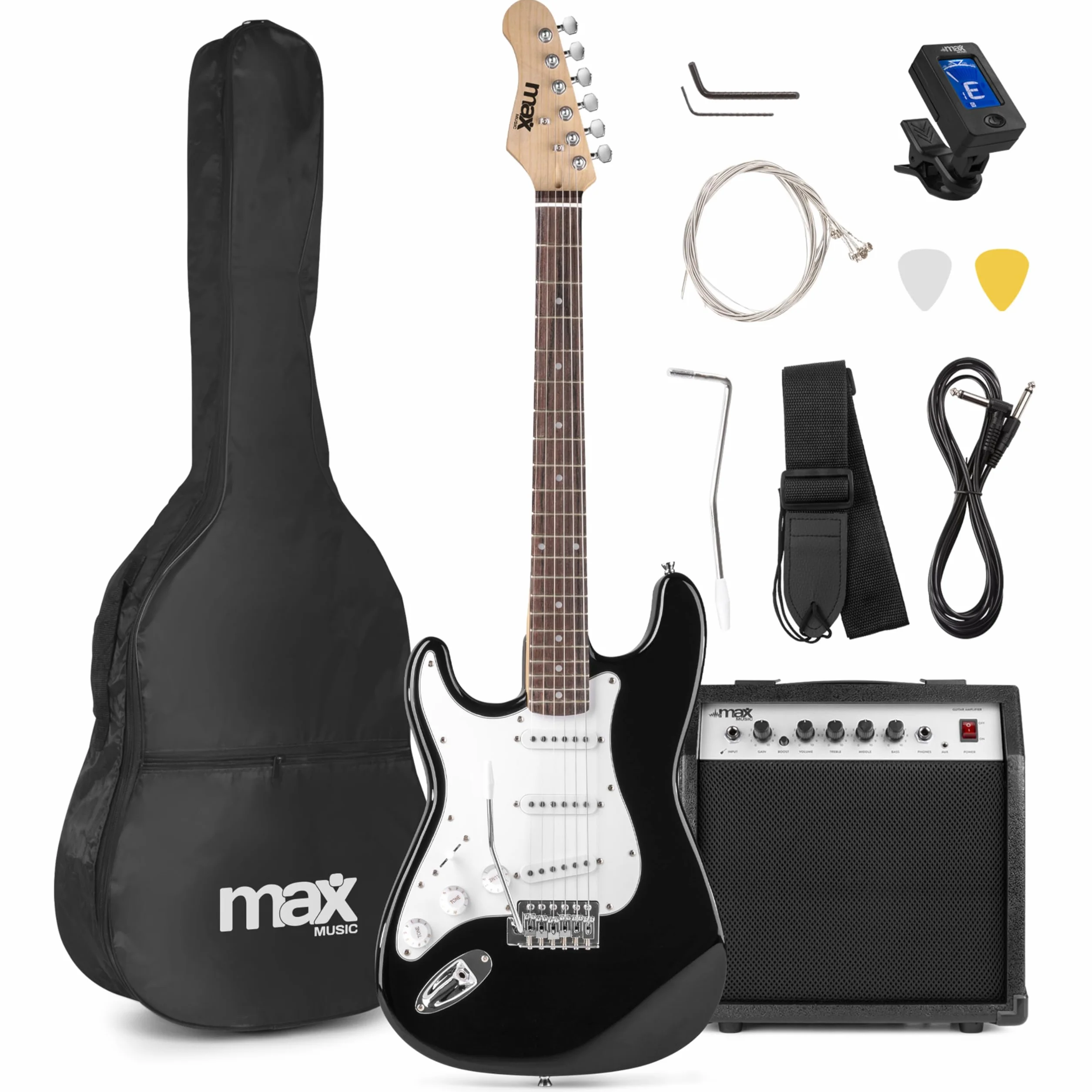 Max GigKit Linkshänder Gitarre Set, E Guitar, Elektrogitarre mit Verstärker 40 Watt, Tasche, Plektrum, Gurt, Stimmgerät, Instrumentenkabel, Ersatzsaiten, 4/4 Electric Guitar, E Gitarren Set