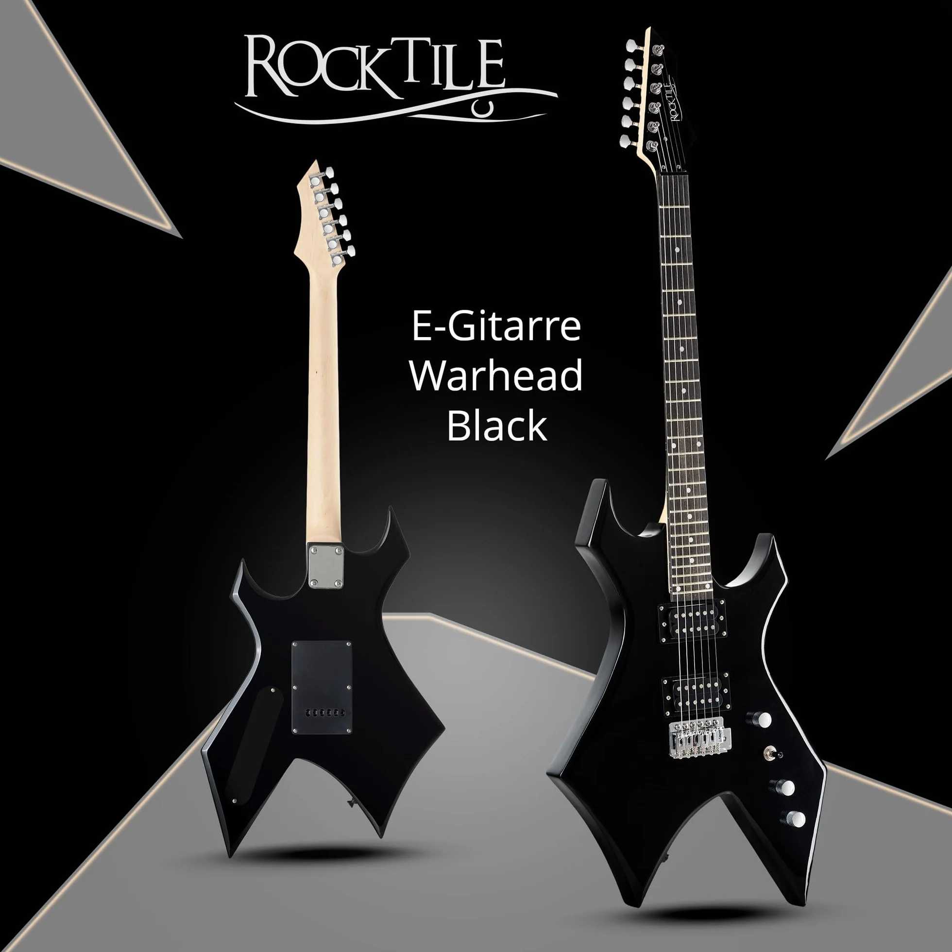 Rocktile Warhead E-Gitarre Set AK20GR - Korpus aus Linde, Griffbrett aus selektiertem Hartholz - Set inkl. 60W Combo-Verstärker & Instrumentenkabel 3m – Ideal für Rock, Metal & mehr – Schwarz