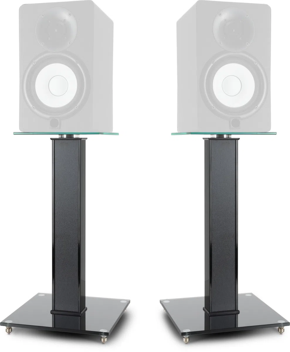 Pronomic SLS-282 BK Lautsprecher Stative Paar - Stilvolles Design mit 2 Glasplatten - Höhenverstellbare Spikes Plus Gummifüße - Verdeckte Kabelführung auf der Rückseite - 10 kg Tragfähigkeit