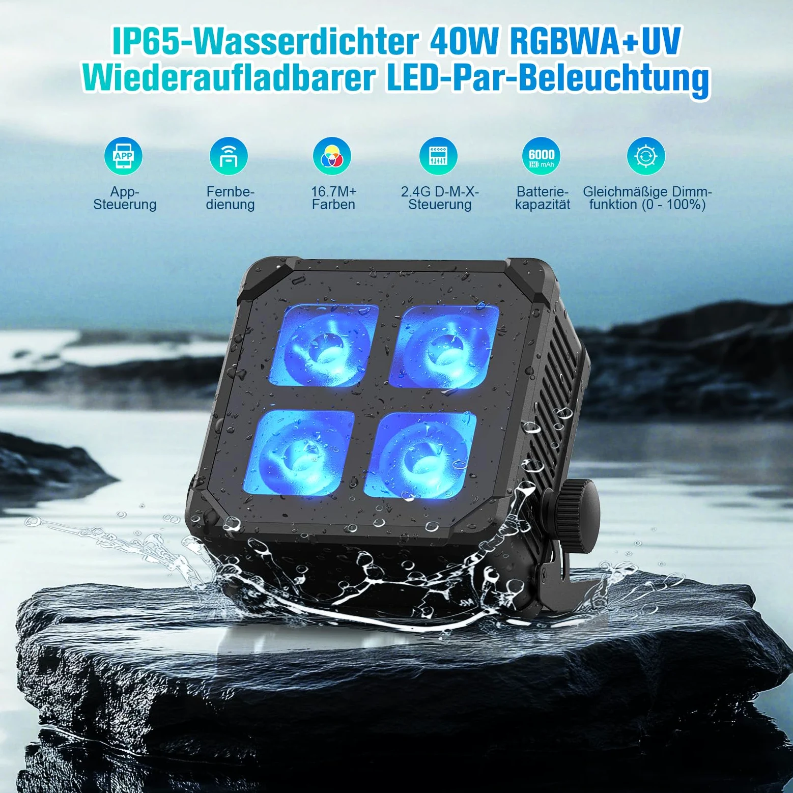 40W IP65 LED Par Strahler Akku, RGBWA UV Wasserdicht Bühnenlicht Outdoor Partylicht Wiederaufladbare mit Fernbedienung und APP Kontrolle für Regentage Hochzeit Bar Show Disco