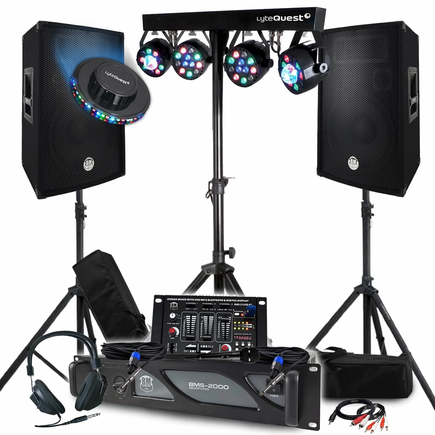 Soundpaket 3200W Passiv Lautsprecher Komplettset, 2x 600W, Mischpult, 4x Xperformer + LED-UFO, Standfüße