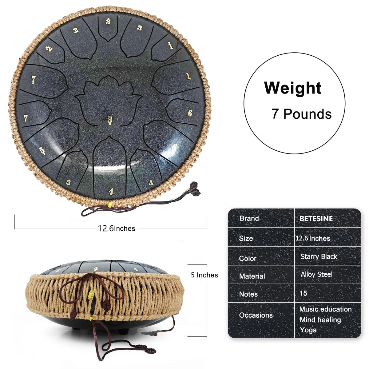 BETESINE 13 Zoll 15-Note Steel Tongue Drum C-Dur Starry Black | Anfänger-Set mit Schlägeln, Notenheft, Notenetiketten und Tragetasche zum Üben, Meditation, Yoga und Verschenken