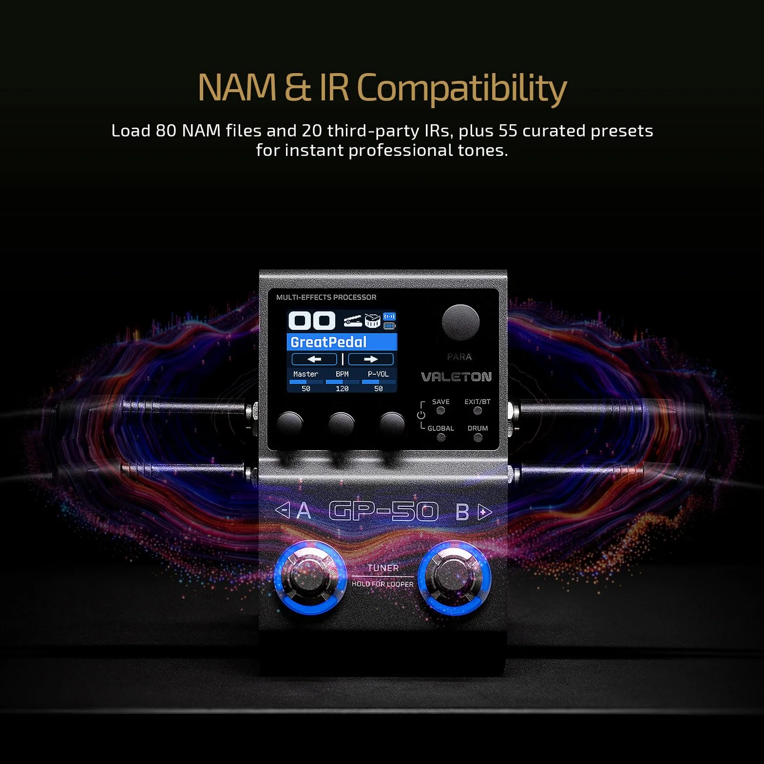 VALETON Multieffekt-Prozessor & NAM/IR Loader mit 100+ HD Effekten, 9 Module gleichzeitig, BT-App, 100 Patch-Slots für Gitarre & Bass GP-50