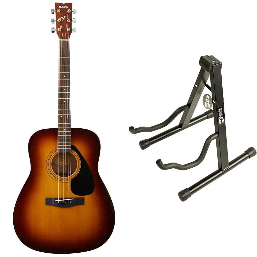 Yamaha F310 TBS Westerngitarre braun sunburst – Hochwertige Dreadnought-Akustikgitarre für Erwachsene & Jugendliche – 4/4 Gitarre aus Holz & RockJam Universeller tragbarer A-formiger Gitarrenständer