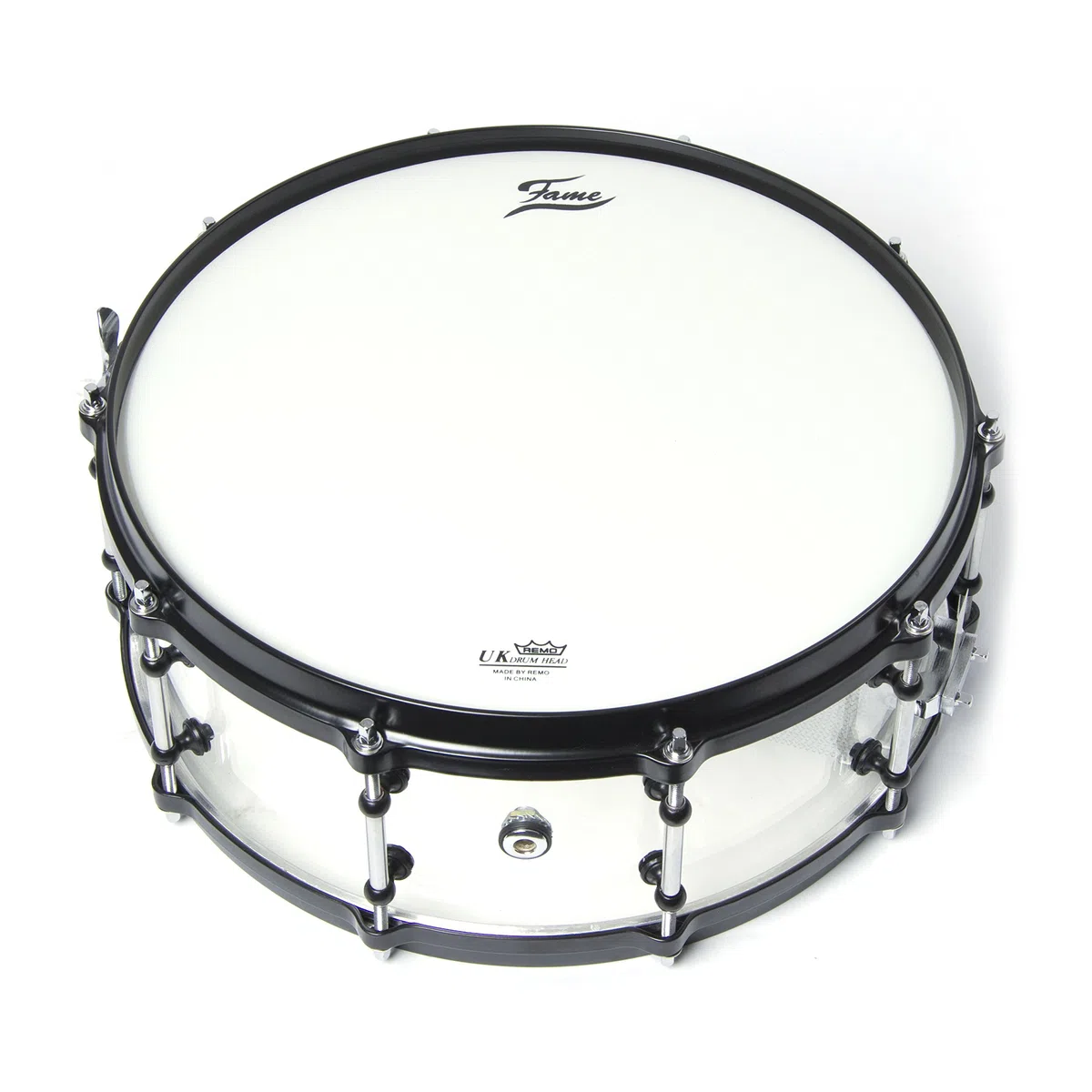 Fame Acryl Snare Drum, 14"x5.5", Transparent Clear, Black HW, Stahl Spannreifen, Tube Style Böckchen, Preisbrecher, Erstaunliche Resonanz und Optik"