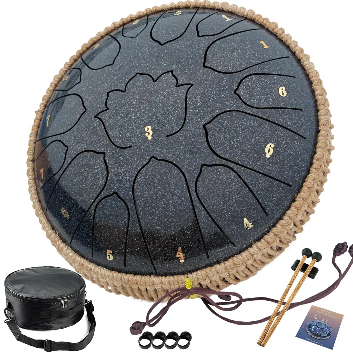BETESINE 13 Zoll 15-Note Steel Tongue Drum C-Dur Starry Black | Anfänger-Set mit Schlägeln, Notenheft, Notenetiketten und Tragetasche zum Üben, Meditation, Yoga und Verschenken
