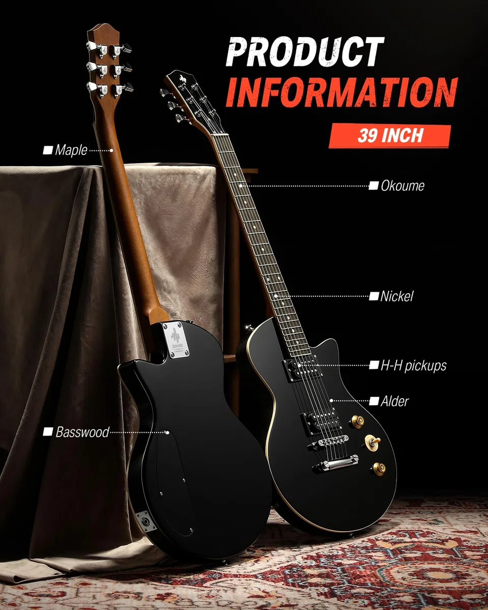 Donner DSC-128 E-Gitarren-Anfängerset 39" Schwarz – Volle Größe, massiver Erlenkorpus, H-H-Tonabnehmer, C-förmiger Hals, inkl. Gigbag, ideal für High-Gain Rock