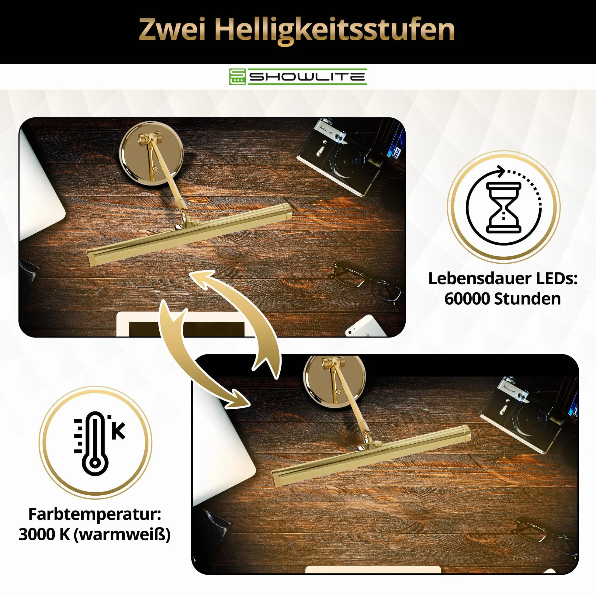 Showlite PL-1-GD-WW LED Klavierleuchte 36 cm warmweiß USB Netzstrom Batterie gold hochglanz