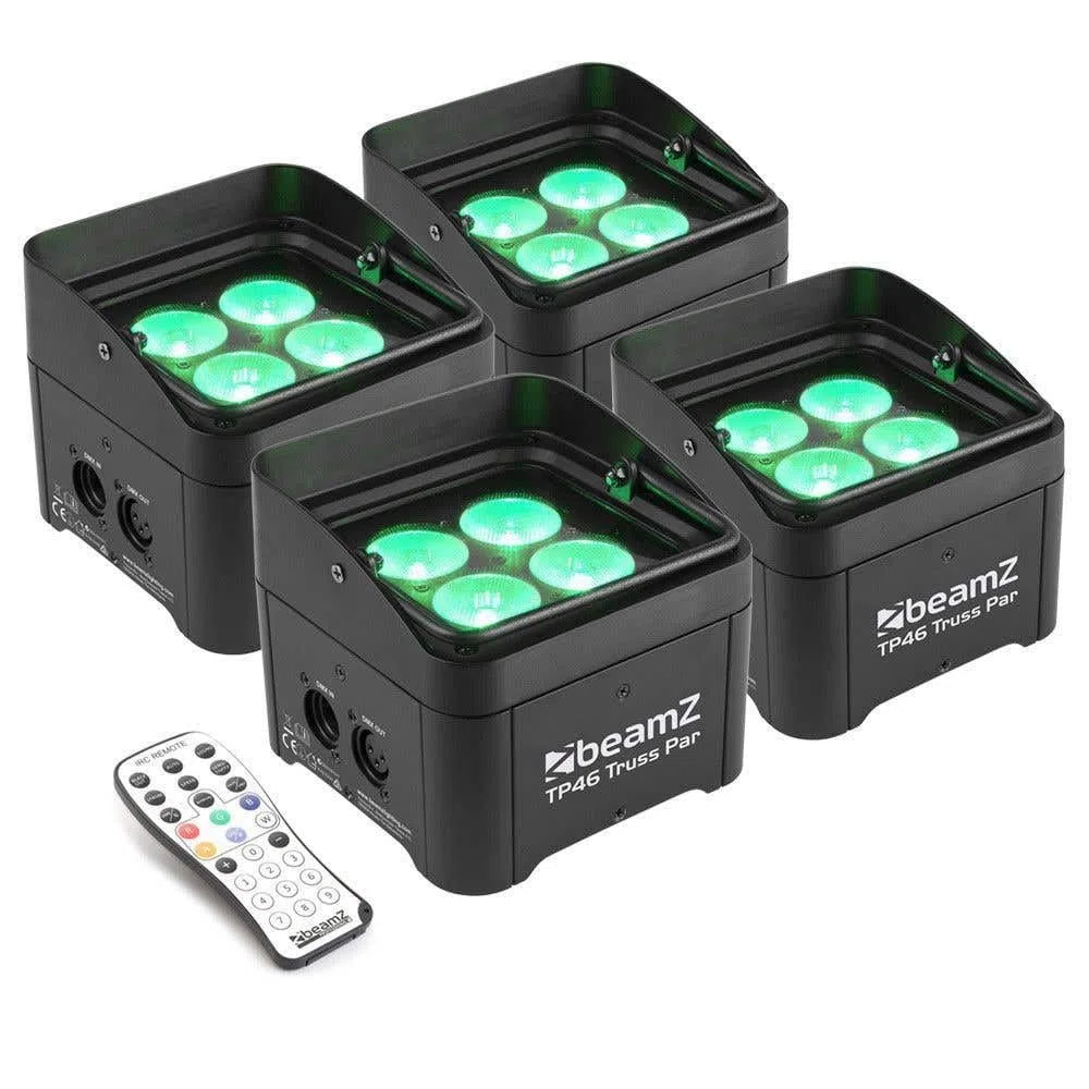 BeamZ TP46 PAR LED Spot 4er Set DMX Strahler, Scheinwerfer RGB mit UV Schwarzlicht Lichttechnik, Wandstrahler mit Fernbedienung, Uplight Bühnenbeleuchtung, Beleuchtung für Traversen