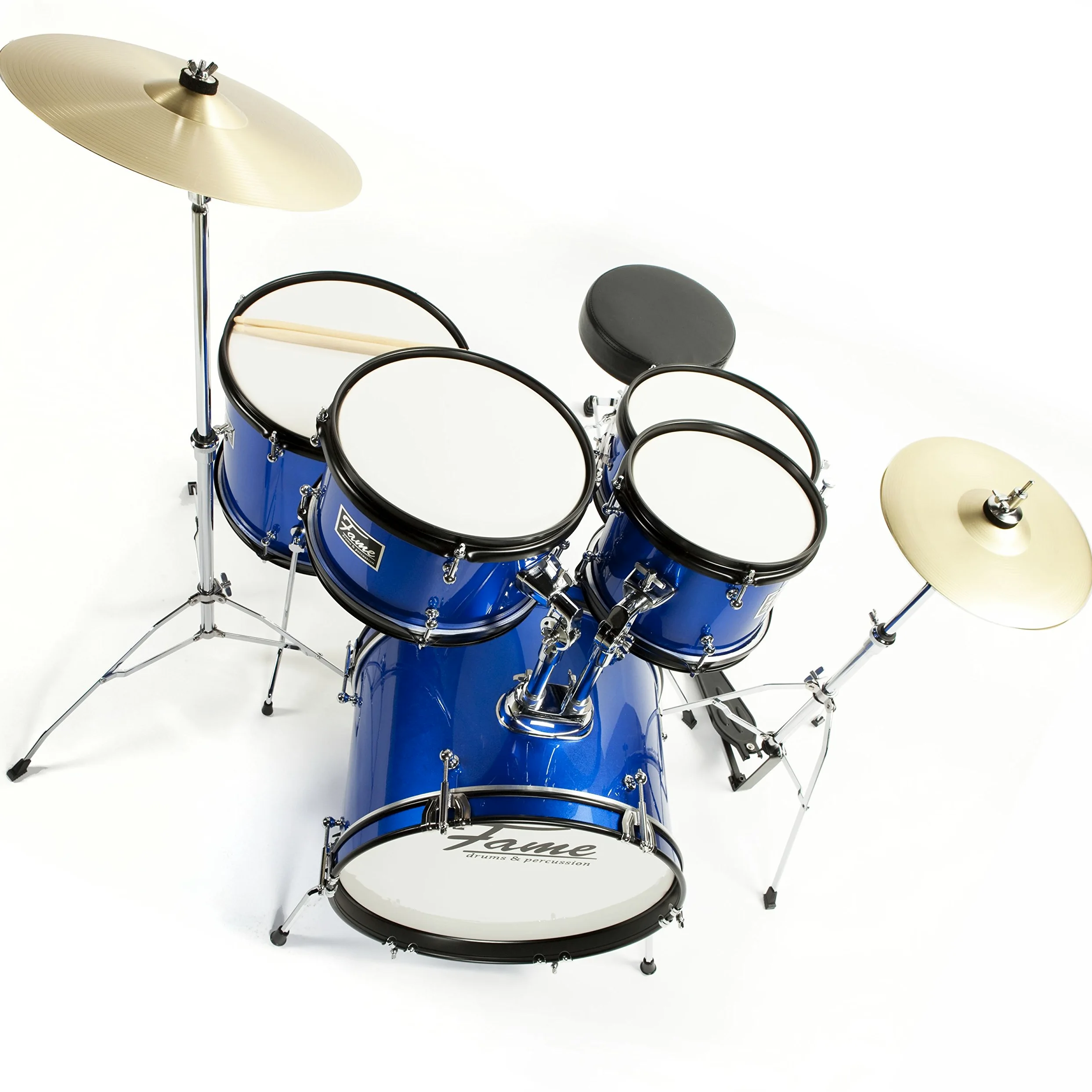 Fame 5 PC Drumset Blue, Schlagzeug mit Bass Drum, Tom-Tom, Snare, Hardware und Hocker, inkl. Zubehör und Drumsticks