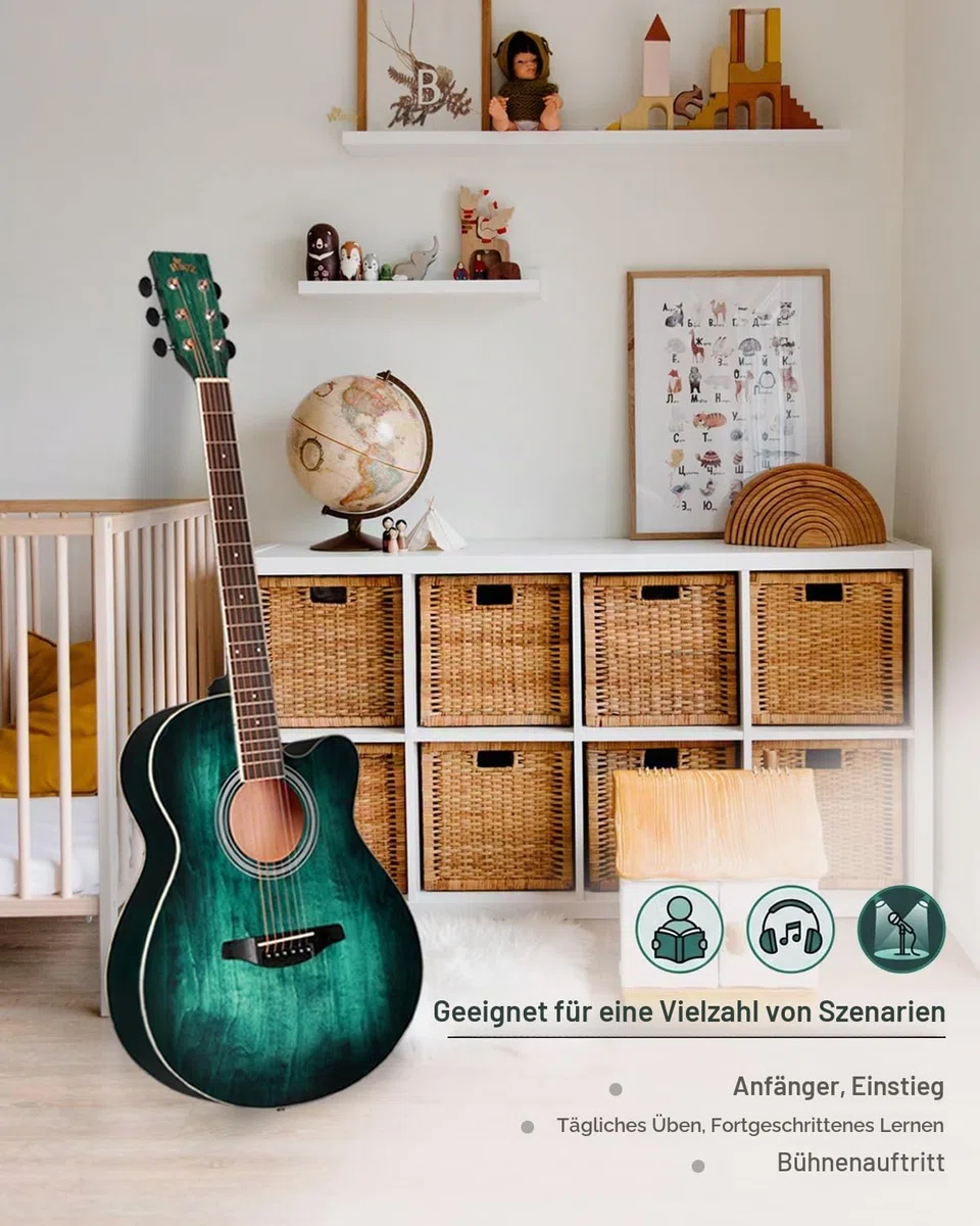 Winzz Akustikgitarre Blau-grün, Westerngitarre 40 Zoll, Gitarre Anfänger Set mit Gitarrenständer, Gitarren Plektrum, Gitarrengurt, Gitarrenstimmgerät, Gitarrentasche