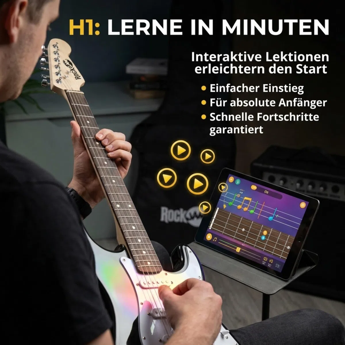 RockJam E-Gitarren-Set volle Größe für Anfänger, Schwarz, 6 Saiten mit 10-W-Verstärker, Tasche, Gurt, Kabel, Plektren und Tremolo