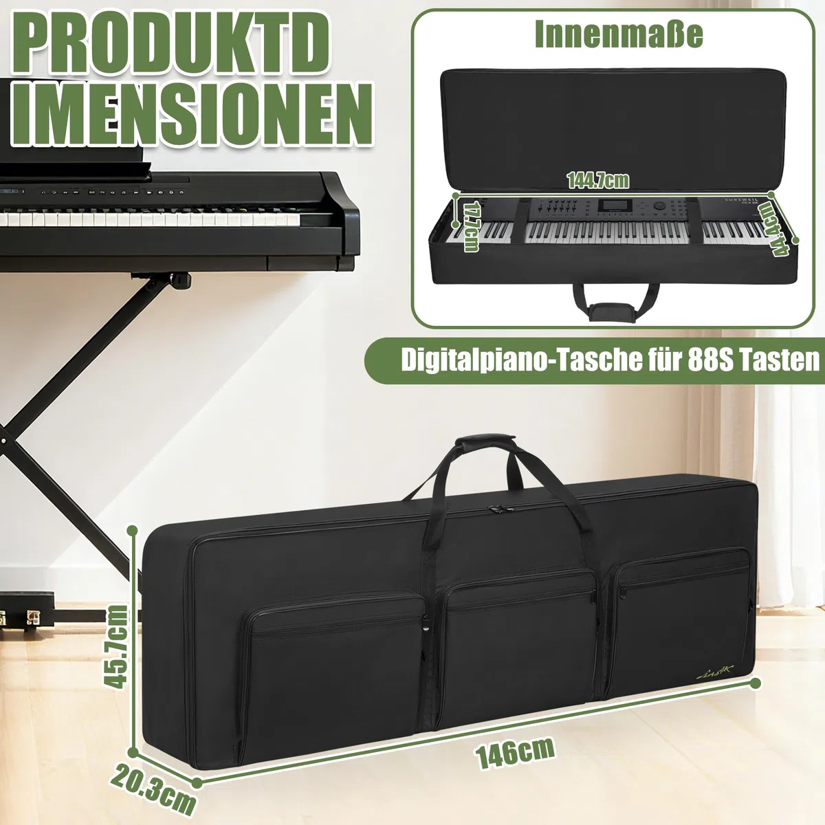 88 Key Keyboard Tasche, Robuste 600D Oxford Keyboardtasche mit 10 mm Polsterung, Griffen und Schultergurten für Digitales E-Piano (146x45.7x20.3CM)