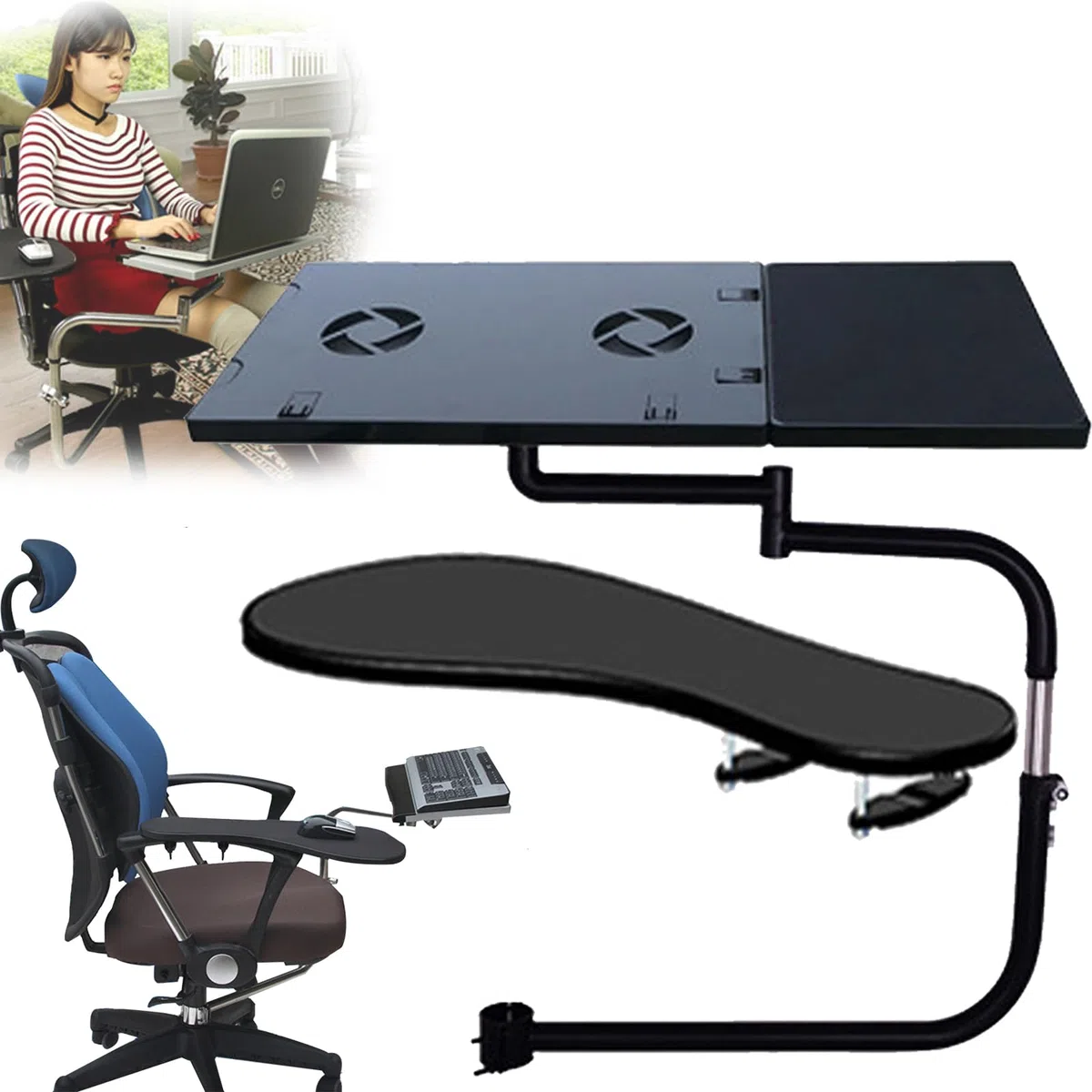 Tastatur Halterung 360° Verstellbarer Tastaturständer mit Mauspad USB Lüfter Rostfreiem Stahl Stuhlschaftklemme