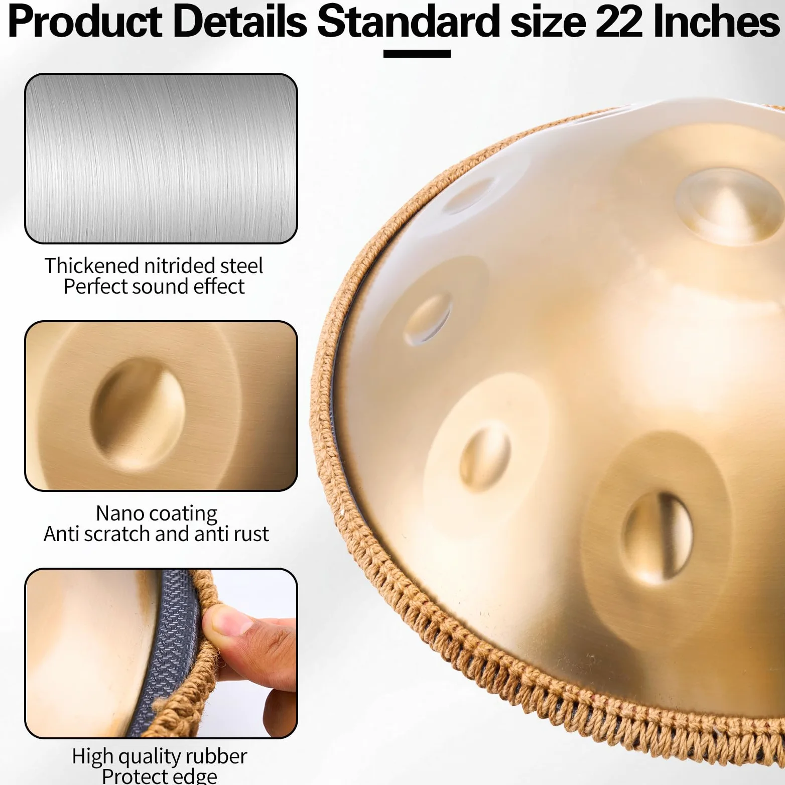 Handpan Instrument 440 Hz,10 Töne 22 Zoll Handpan Drum,Hand Pan in d-Moll,"Gold Performer" Zungentrommel mit Tasche,Schlägel,Ständer,für Anfänger,Profis,Musiktherapie (Gold, 10 Töne 440 Hz)