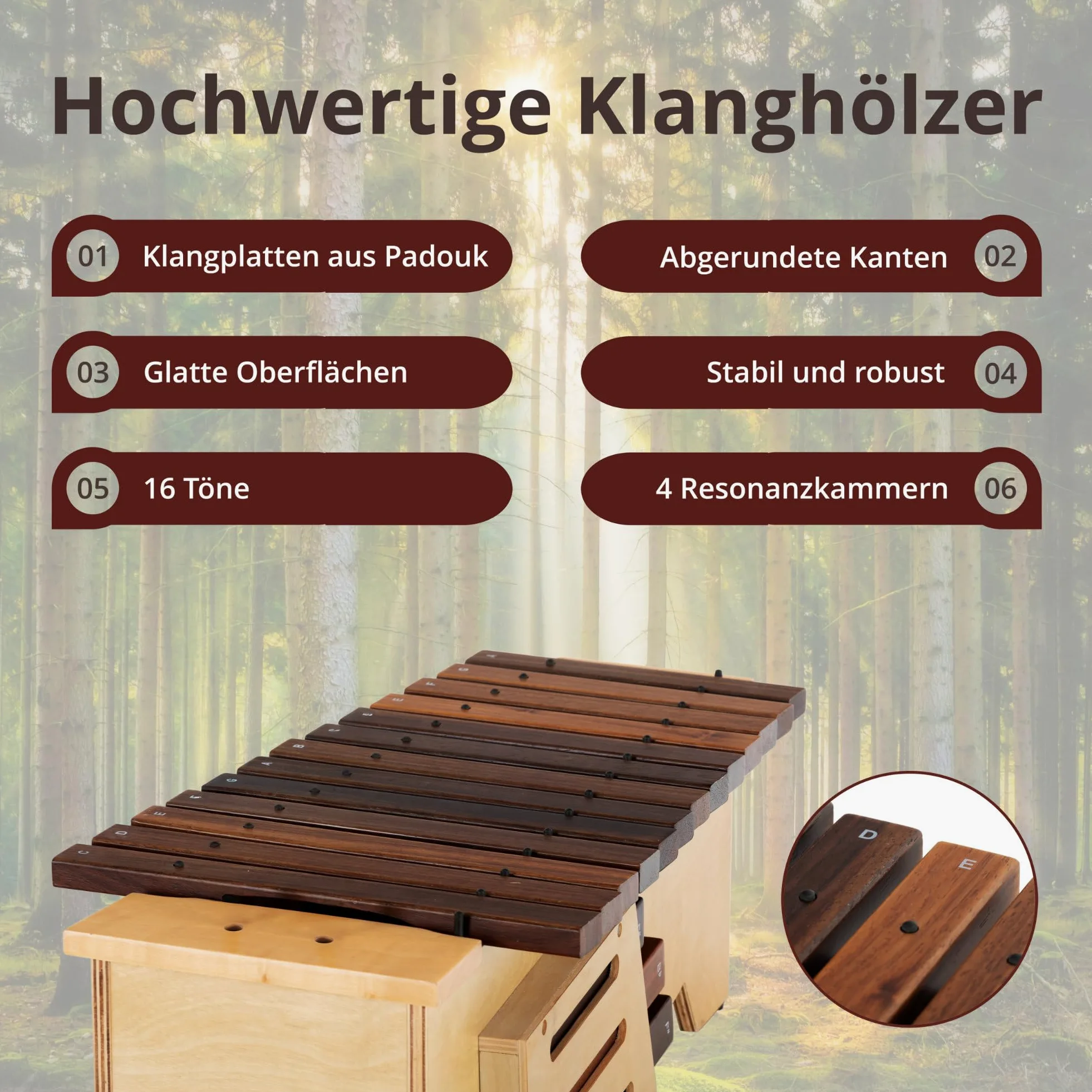 Classic Cantabile AX-1600NG Altxylophon (Alt Xylophon, 16 Töne, C-Dur Tonleiter, Tonumfang: c' bis a'', Resonanzkasten aus Lindenholz, Schlägel) Lindenholz