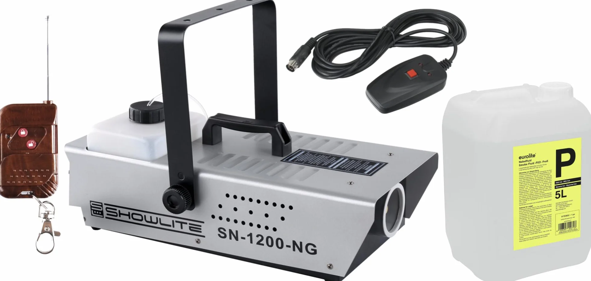 Showlite SN-1200 Nebelmaschine Set (1200 Watt, 350m³ Nebelausstoß/min, 7 Min. Aufwärmzeit, Kabel- und Funkfernbedienung, 5 L Nebelfluid)