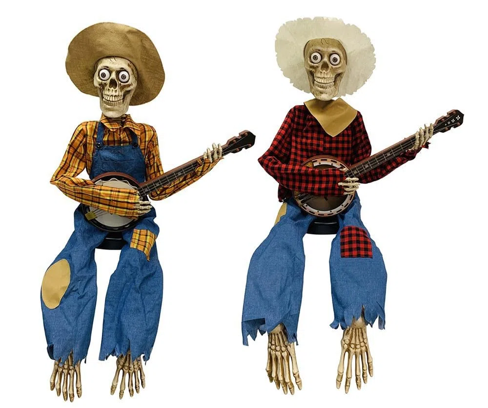 Skelett Lebensgroß Animierte Duell Banjo Skelette Spielende Bewegung Musikalische Mehrsprachige Banjo Skelette Duo Halloween Innendekoration Banjo Skelette Horror Nacht (Gelb Kann glänzen)