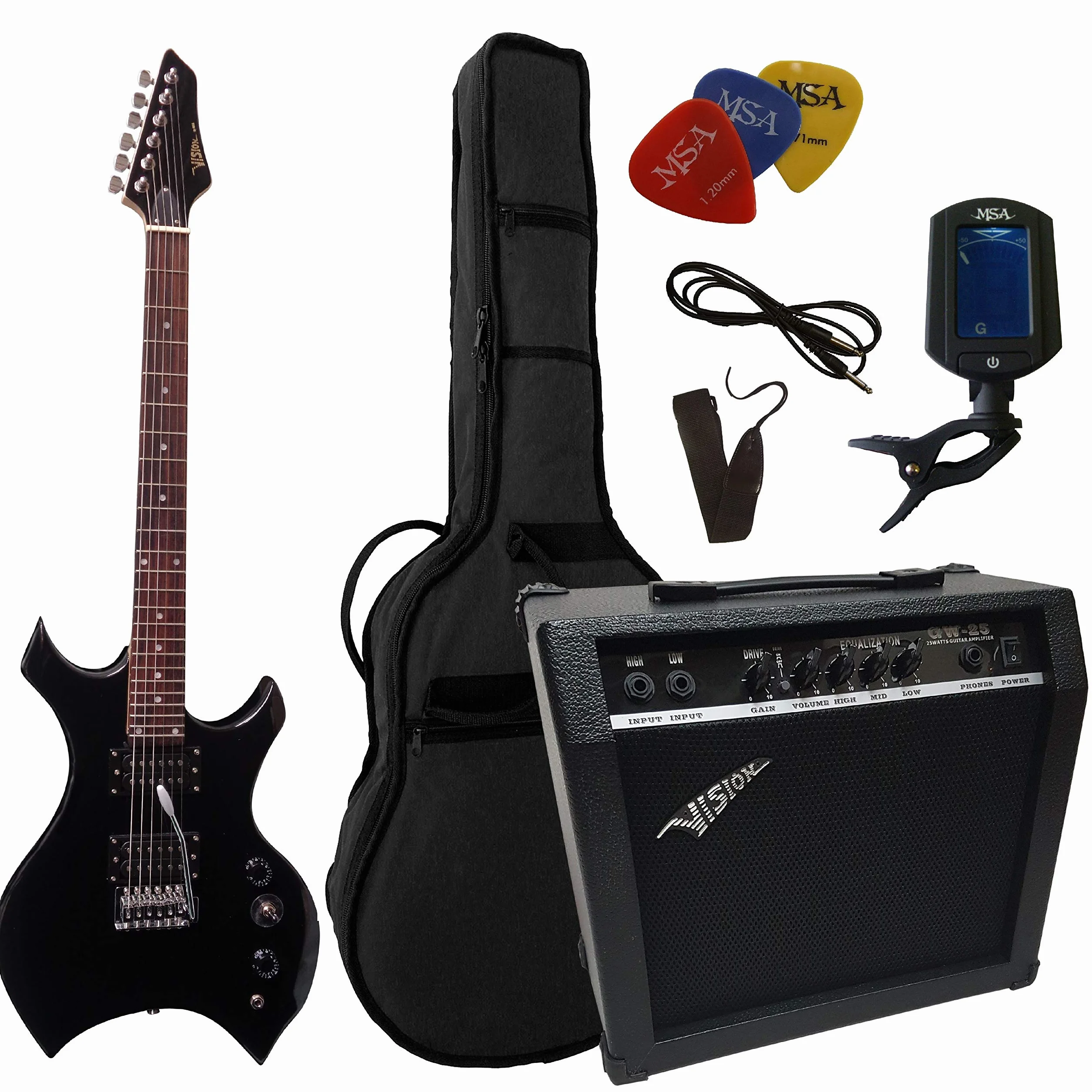 HEAVY METAL SET - ELEKTROGITARRE HEAVY SCHWARZ - VERSTÄRKER 45 WATT - TASCHE - BAND - 3xPIK - STIMMGERÄT - E GITARRE 2x HUMBUCKER