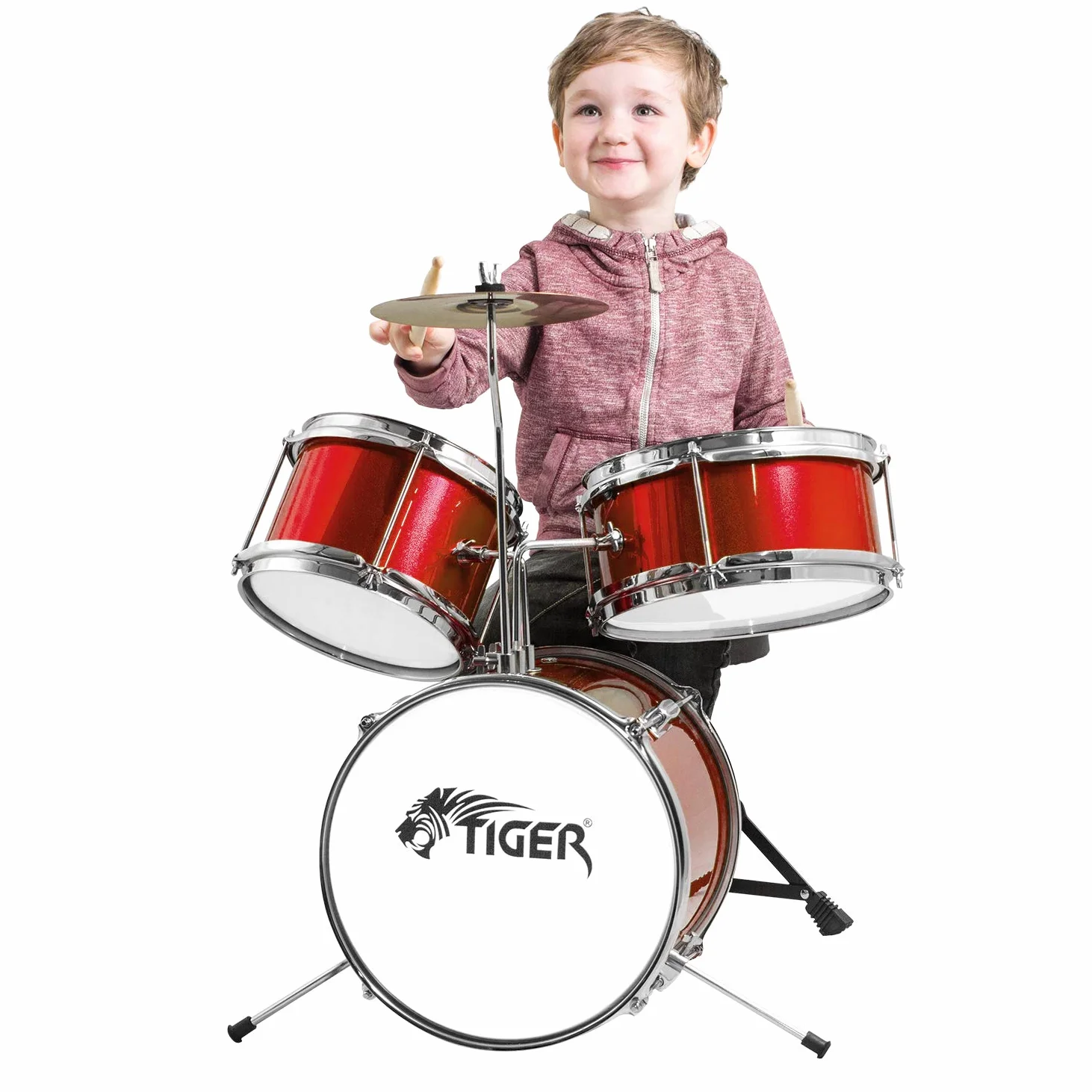 TIGER Junior Kinder-Drumkit, 3 Teile, Anfänger, Kinder-Drumset mit Snare, Tomtom, Bassdrum, Bassdrum-Pedal, Cymbal, Sitz und Sticks, - Red -
