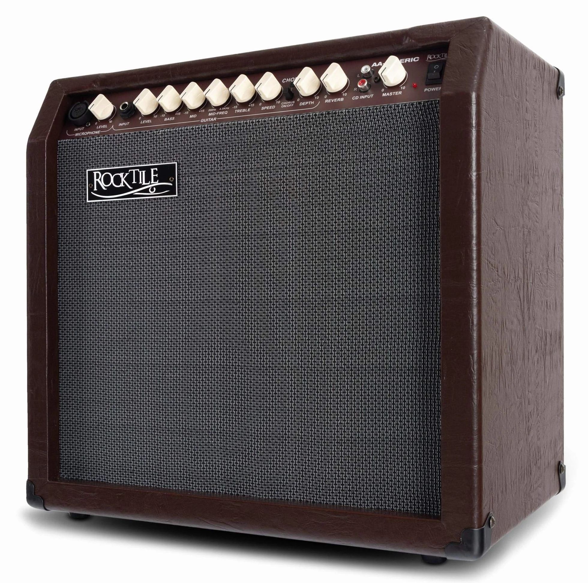 Rocktile AA-30 BN Eric Akustikverstärker - 30 Watt - 2 Kanäle (Mikrofon und Gitarre) - 10" Speaker + 2,5" Hochtöner - AUX-Eingang und Line Out - Chorus- und Hall-Effekt - Braun