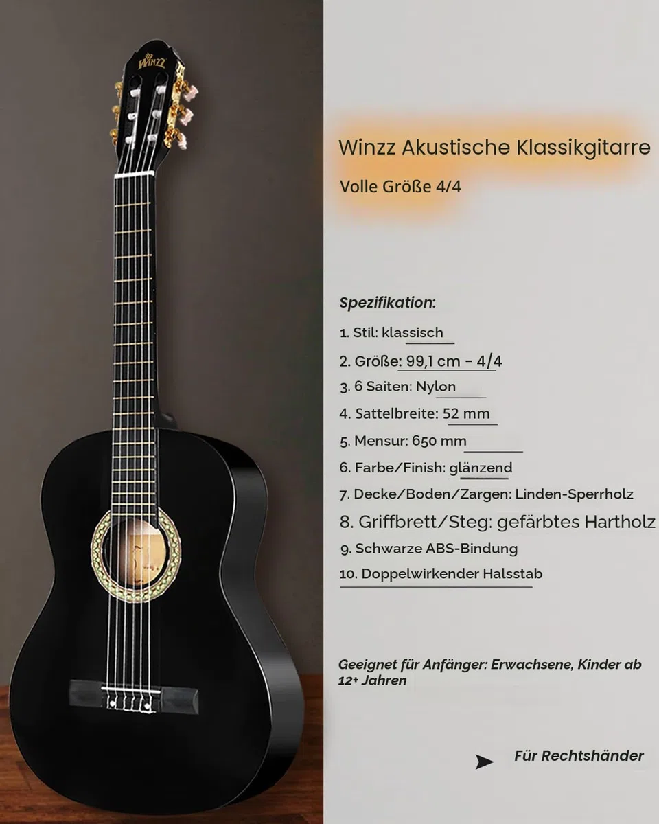 Winzz Konzertgitarre 4/4 Erwachsene, Klassische Gitarre Anfänger Set für Kinder ab 11+ Jahre - Schwarz Glänzend (39 Zoll)