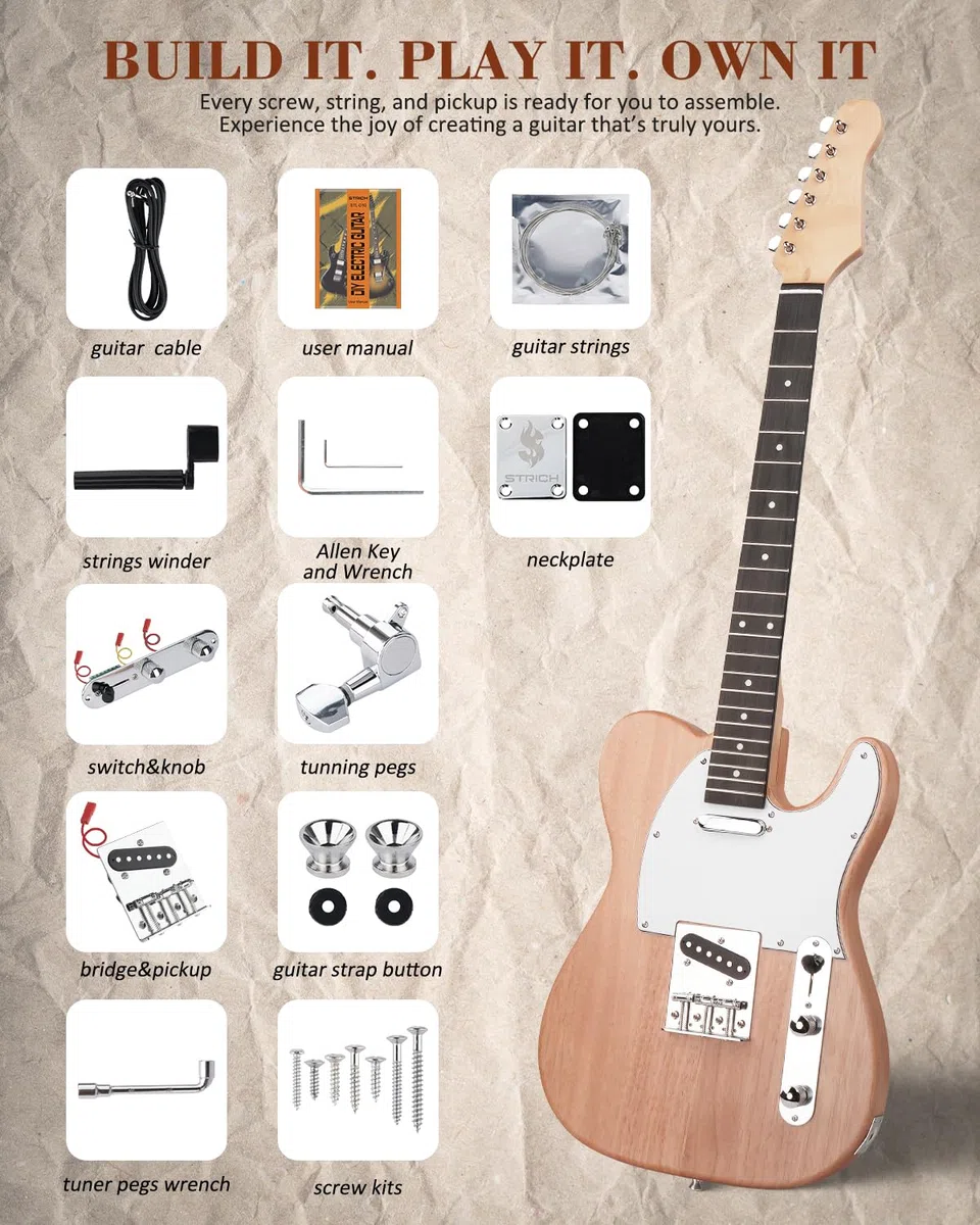 STRICH DIY E-Gitarre Kit, TL-Style Mahagonikorpus & Ahornhals mit SS-Tonabnehmern, einfach zu montierendes Kit mit allen Teilen - bauen Sie Ihre eigene E-Gitarre STL-D10