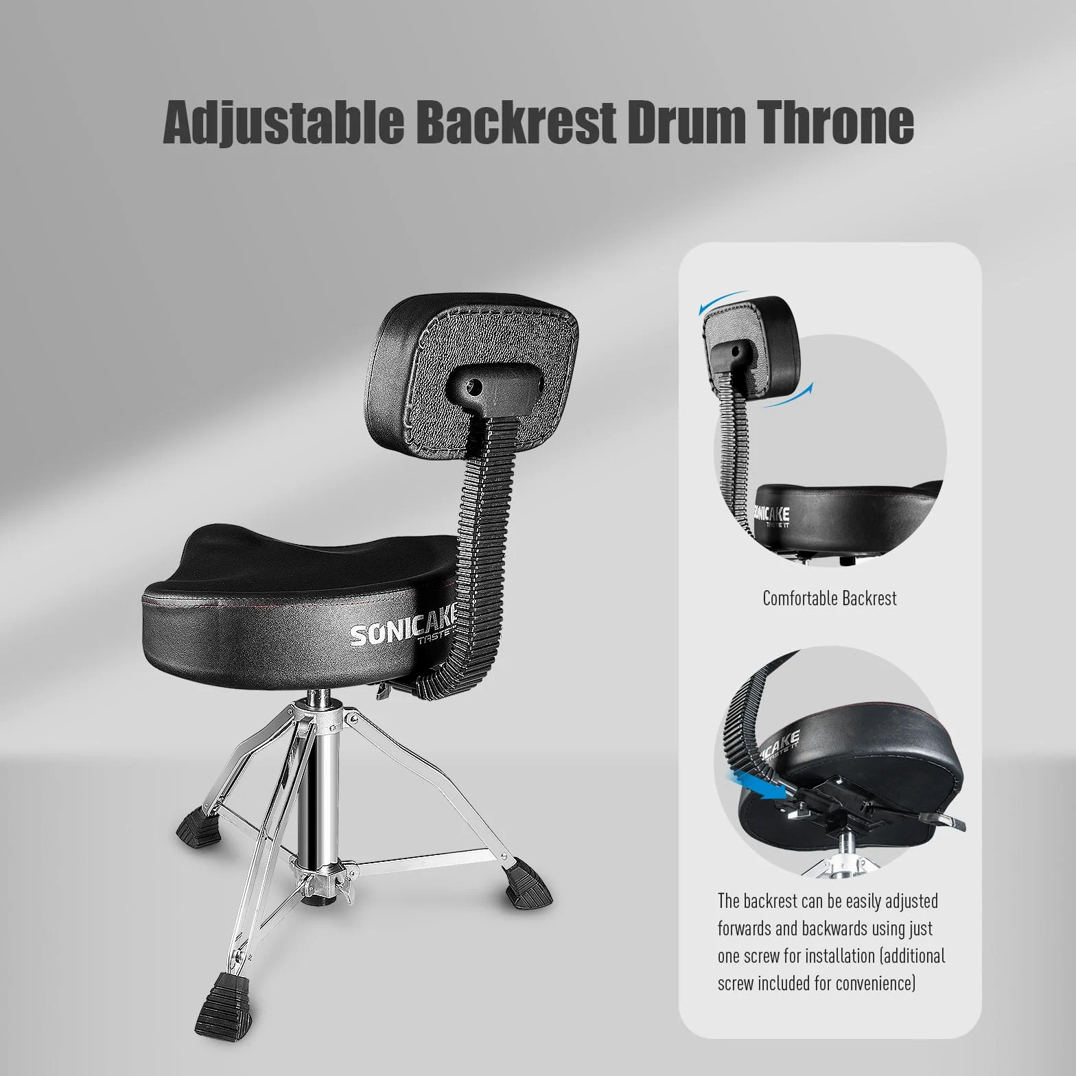 SONICAKE Schlagzeughocker mit Rückenlehne hydraulisch höhenverstellbar von 45-60cm Drumhocker Extra Dicke Polsterung schwarz
