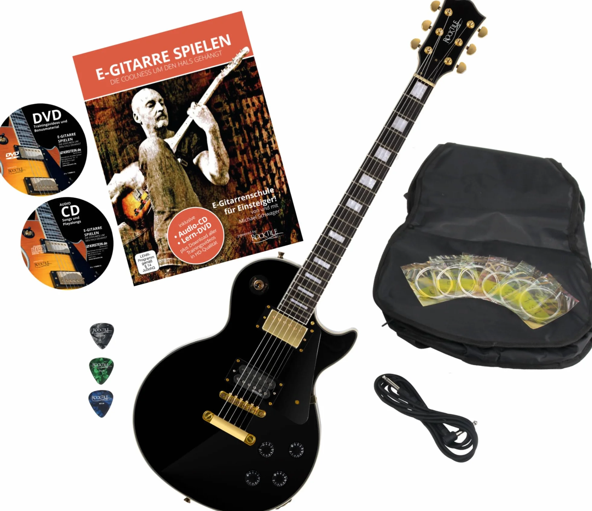 Rocktile Pro L-200BK Deluxe E-Gitarre Black mit Zubehör (Gitarren Gigbag Tasche, Kabel, Plektren, Gitarren Schule mit CD & DVD, Gitarrensaiten)