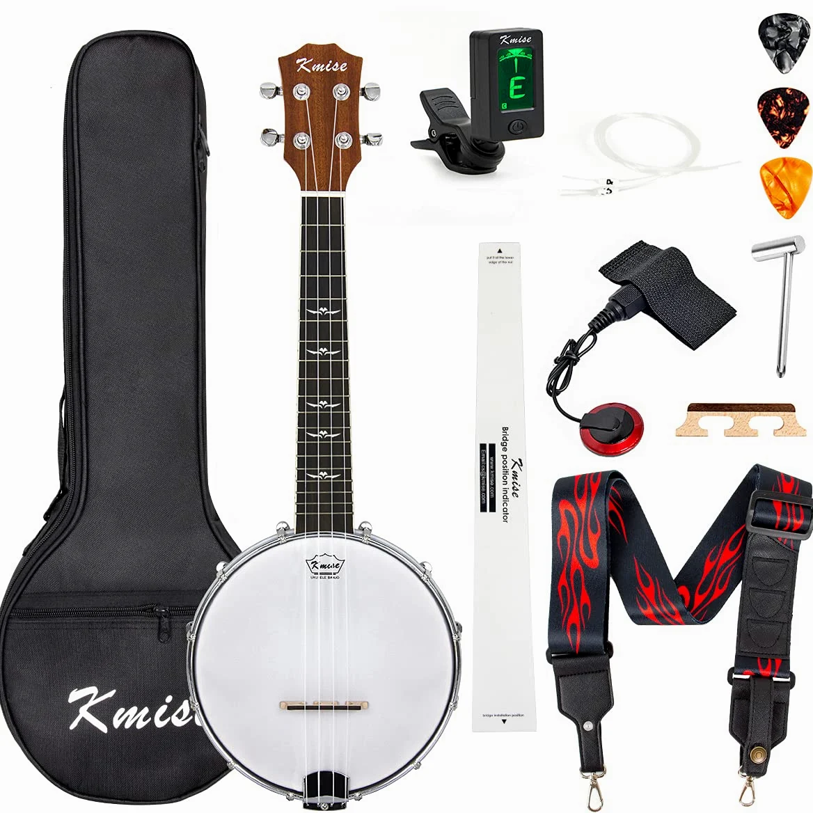 Banjo-Ukulele, Konzertgröße, 58,4 cm, mit Tasche, Stimmgerät, Gurt, Saiten, Tonabnehmer, Lineal, Schraubenschlüssel, Brücke (Beige)