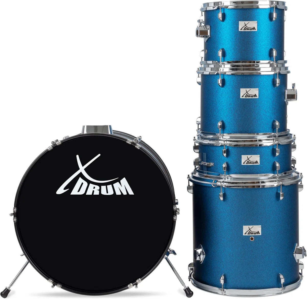 XDrum Semi 22" Standard Schlagzeug Satin Blue Sparkle - 22" BD, 12" TT, 13" TT, 16" FT, 14" SD - Set inkl. 16" Crash Becken und Galgenbeckenständer - Blau