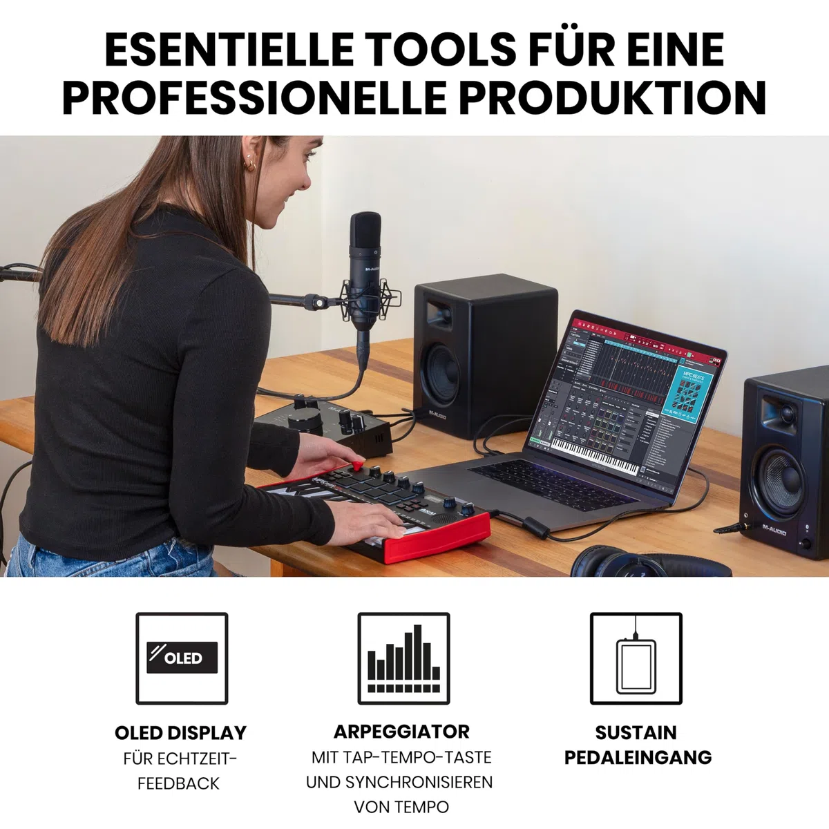 Akai Professional MPK Mini Play MK3 - MIDI Keyboard Controller mit Eingebautem Lautsprecher und Sounds, Dynamische Klaviatur, MPC Pads, Software und Native Instruments Sound Package