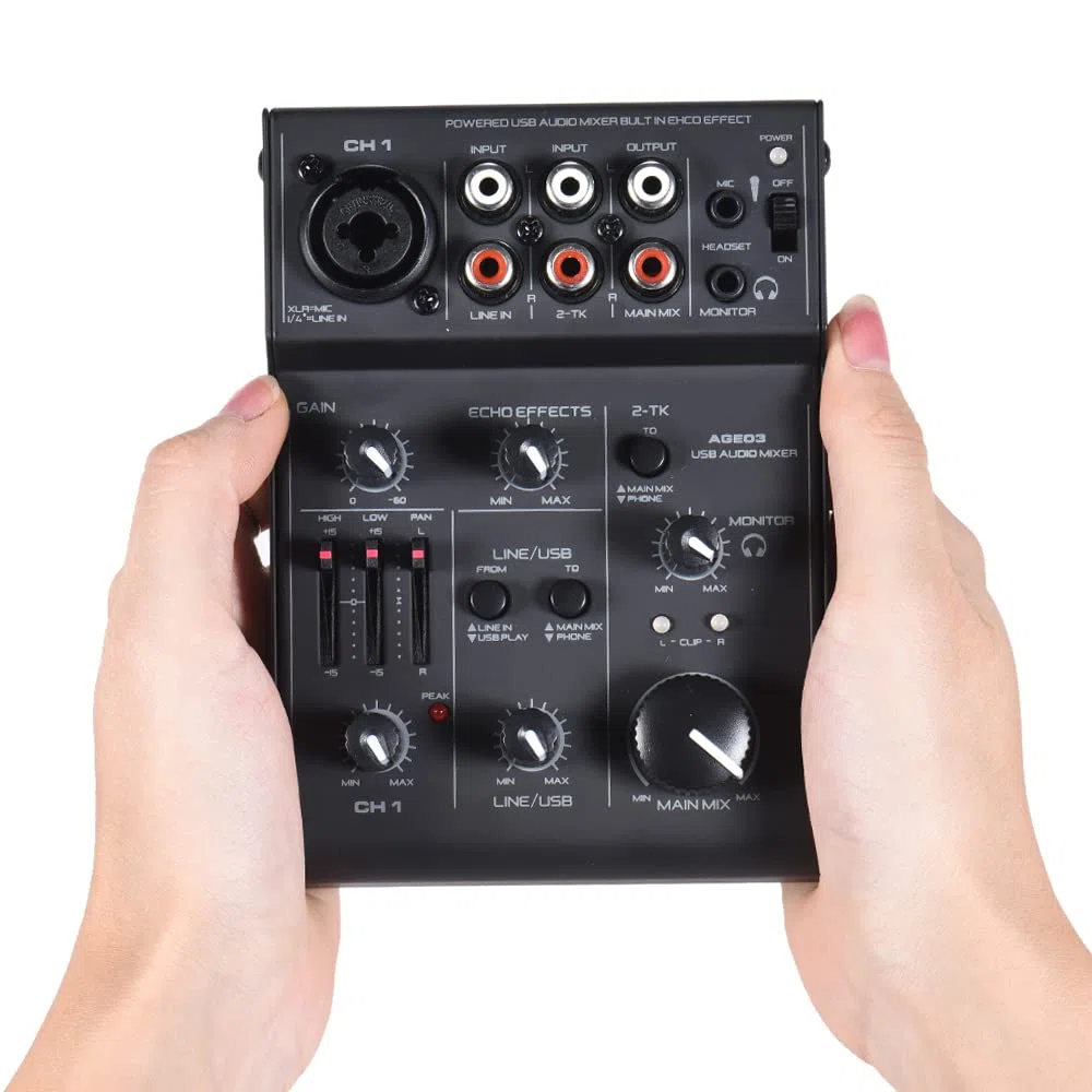 AGE03 5-Kanal Mini Mic-Line Mischpult USB Audio Interface Mixer mit eingebautem Echo-Effekt USB Verstärktes DJ Netzwerk für Aufnahme Live Streaming Karaoke