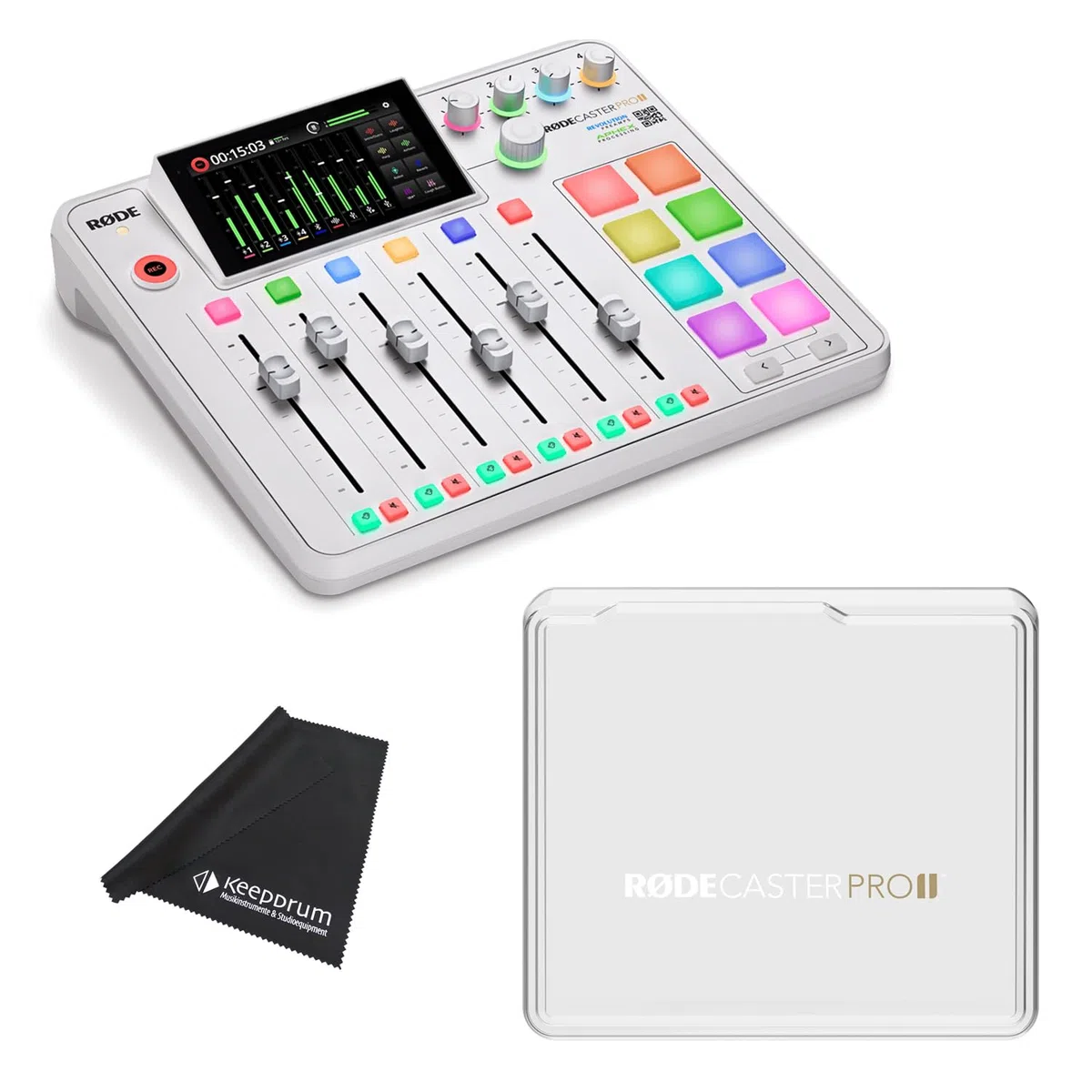 Rode Rodecaster Pro II Audio Production Studio Podcast Station Weiss mit Rodecover 2 Abdeckung und keepdrum Mikrofasertuch