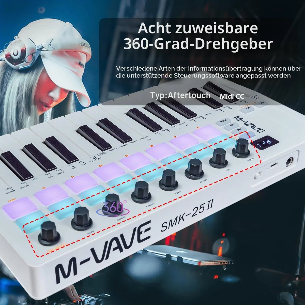 M-VAVE 25 Tasten 16 Backlit Drum Pads MIDI Keyboard - Professioneller Beat Maker und Keytar für Keyboard Musikproduktion Builtin Battery Wireless Connect Weiß