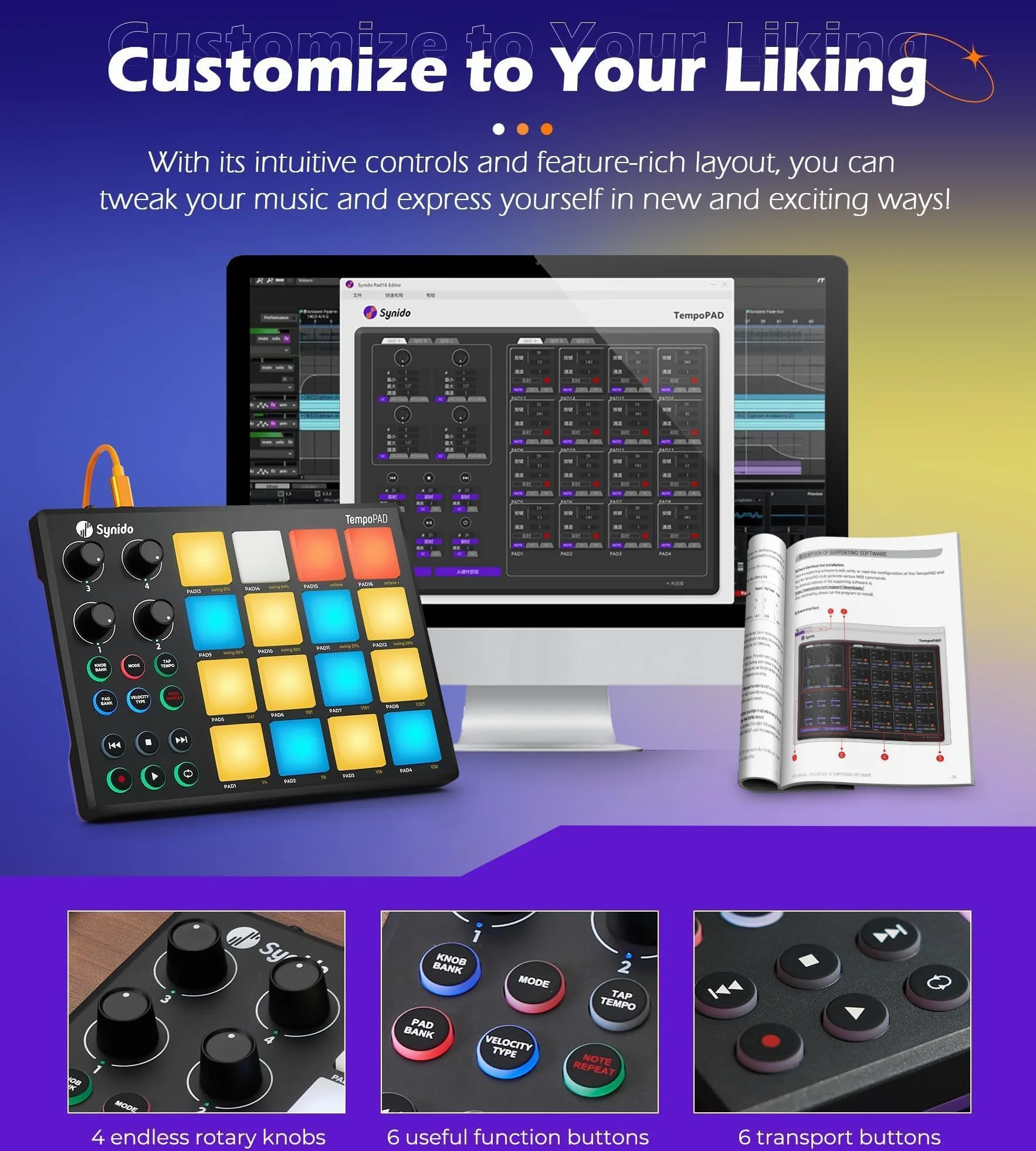 Synido MIDI Pad Controller Beat Maker Machine für Musikproduktion, TempoPAD Tragbares USB MIDI Beat Pad für Anfänger mit robuster Tragetasche, Hintergrundbeleuchtetes Schlagzeug-Pad, 4 zuweisbare