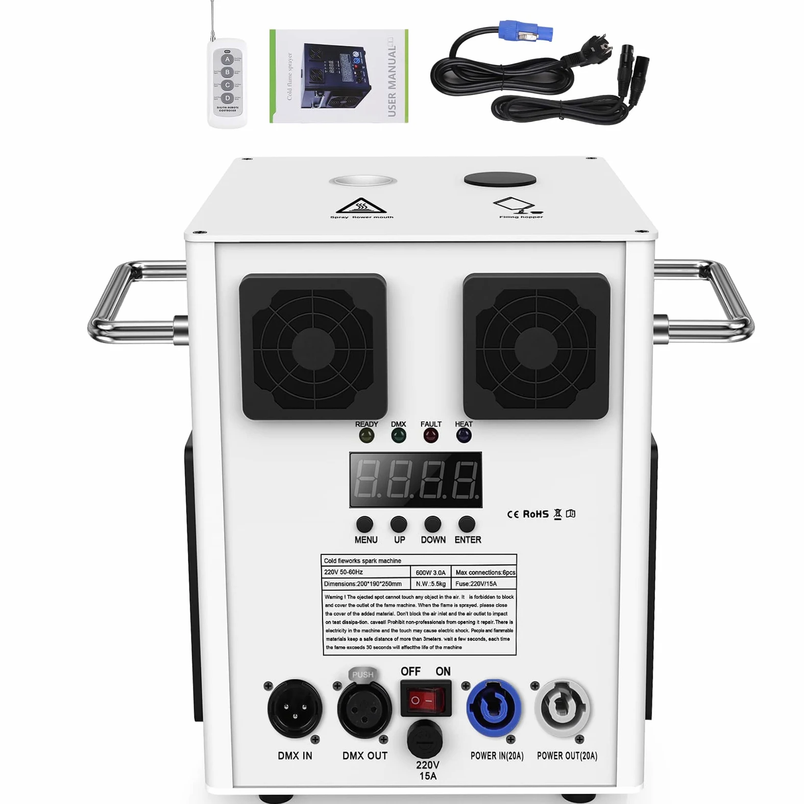 600W Cold Spark Machine mit Flightcase, Spark Machine Stage Effect mit Fernbedienung, Effekthöhe 1-5 Meter Stage Spezialeffekt Machine per DMX-512 in Big Show Hochzeitszeremonie Hochzeit, Bühne Party