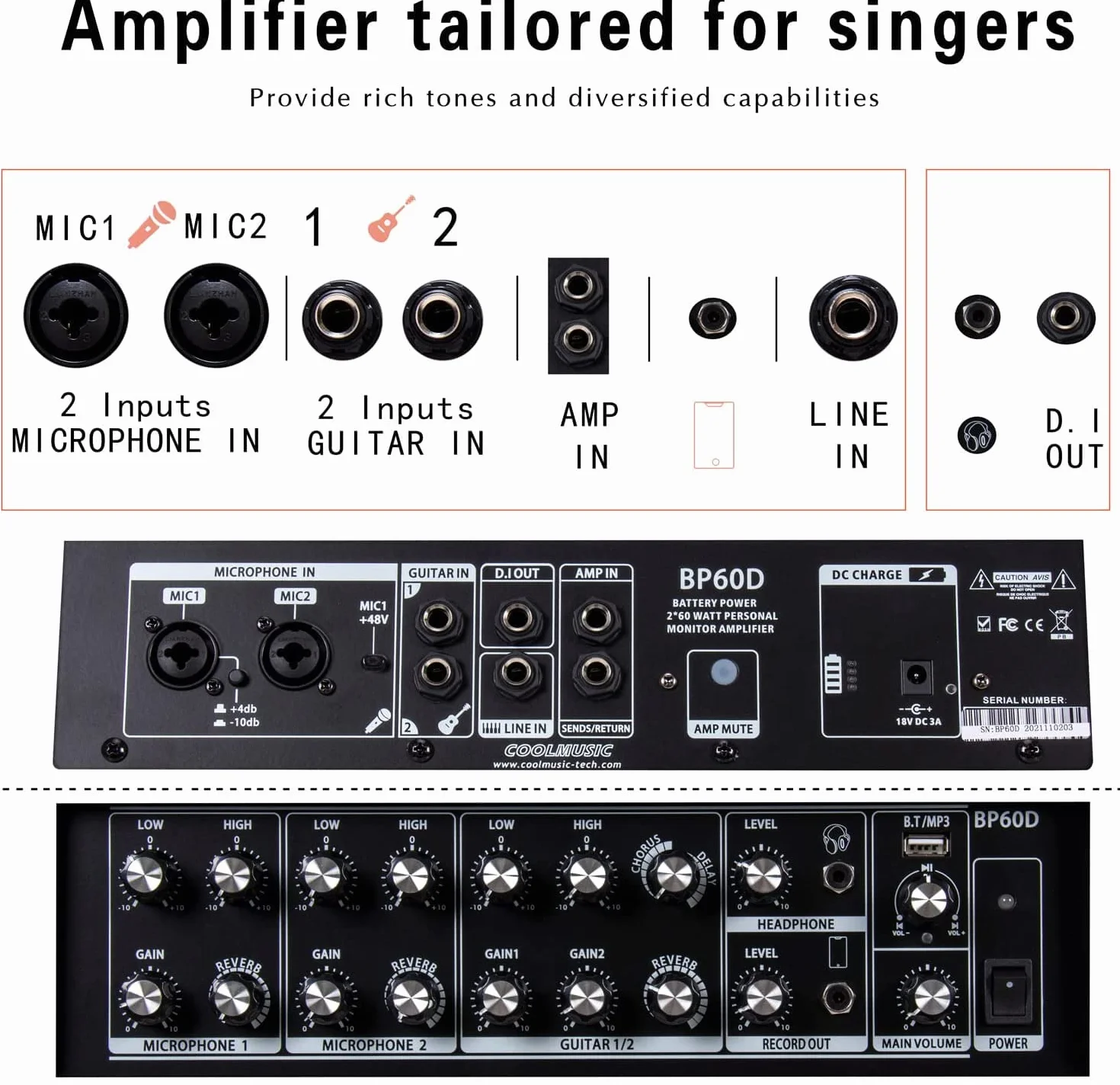 Coolmusic BP60D 60 W x 2 Lautsprecher batteriebetriebener Verstärker für Akustikgitarre, tragbarer Bluetooth-Lautsprecher mit Reverb Chorus Delay-Effekt, 7 Eingänge