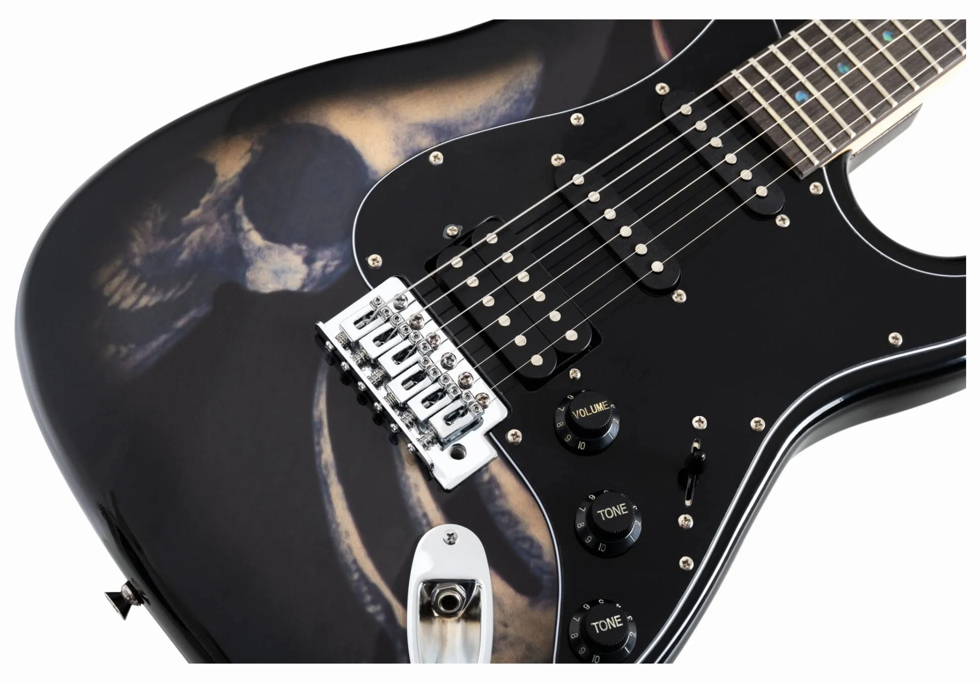 Rocktile Pro ST60-SKULL E-Gitarre Skull Design (1 Humbucker, 2 Single Coils, 22 Bünde, Rosenholz Griffbrett, Lindenholz Korpus, Ahorn Hals)