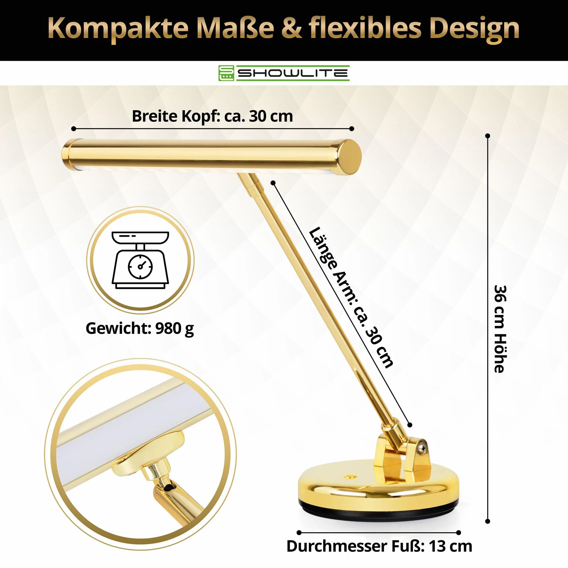 Showlite PL-1-GD-WW LED Klavierleuchte 36 cm warmweiß USB Netzstrom Batterie gold hochglanz