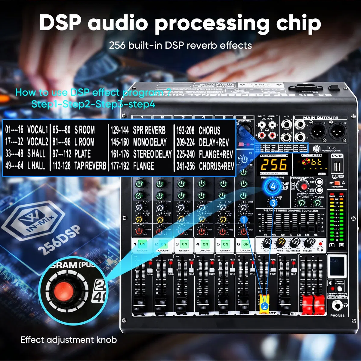 Professioneller 6-Kanal Audio-Mixer mit MP3-Player, Bluetooth, 48 V Phantomspeisung, USB-Aufnahme