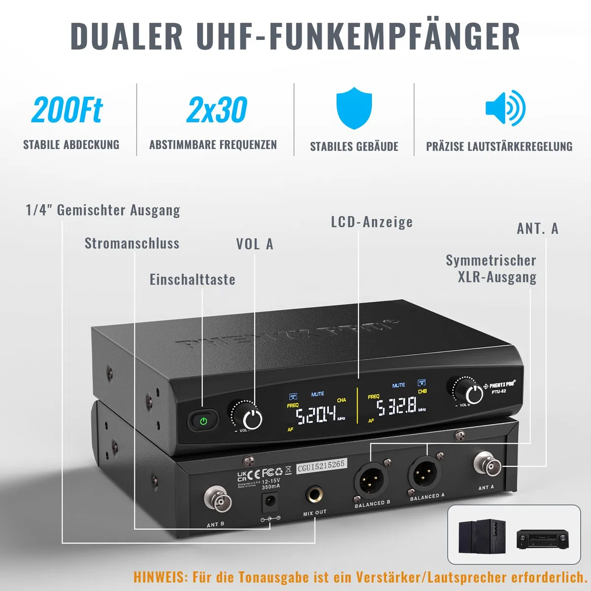 Phenyx Pro Kabelloses Mikrofon-Set mit Handmikrofon/Bodypack/Headset/Lavalier-Mikrofonen, 2x30 UHF-Frequenzen, ideal für Gesang, Karaoke, Kirche, DJ (PTU-52B)