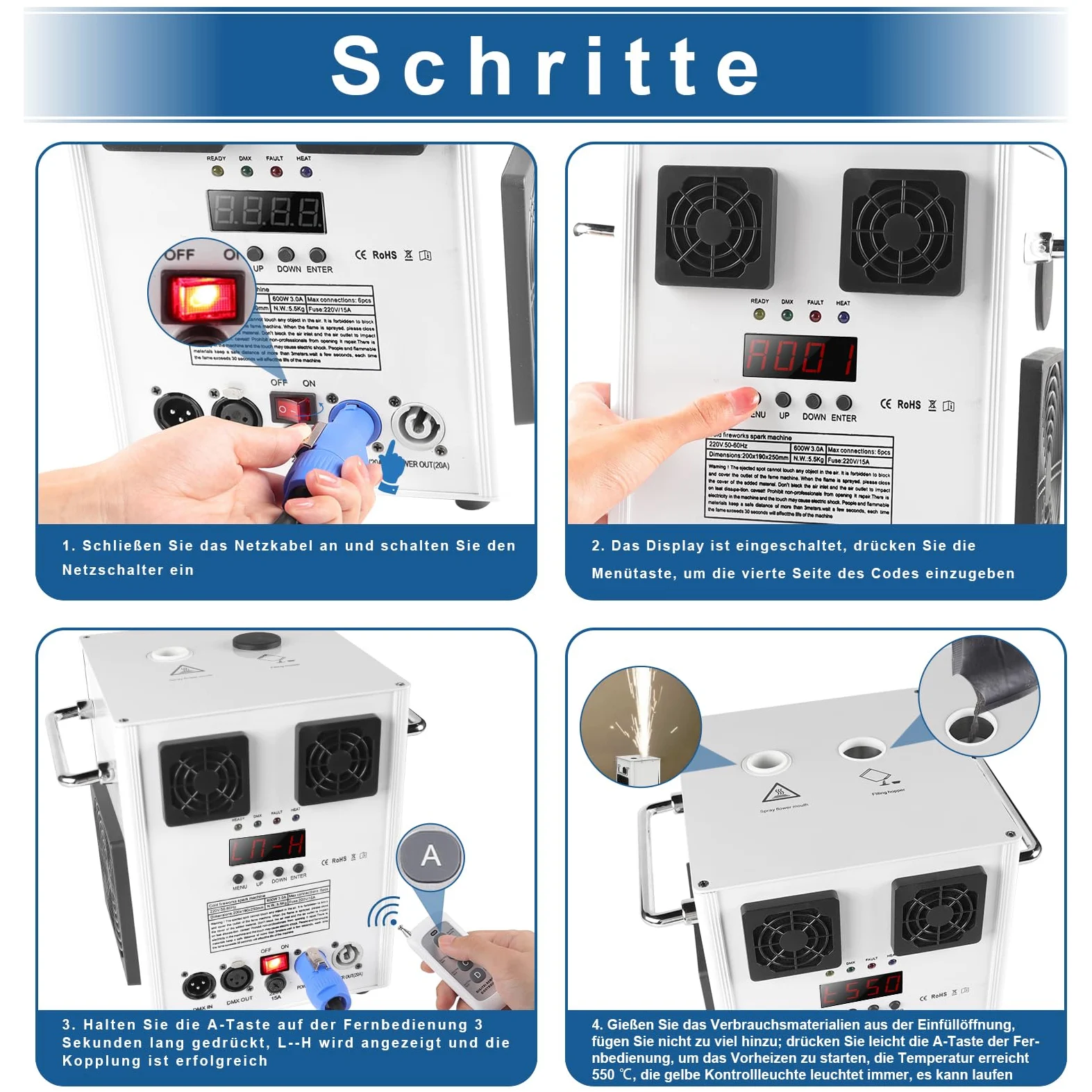 600W Cold Spark Machine mit Flightcase, Spark Machine Stage Effect mit Fernbedienung, Effekthöhe 1-5 Meter Stage Spezialeffekt Machine per DMX-512 in Big Show Hochzeitszeremonie Hochzeit, Bühne Party